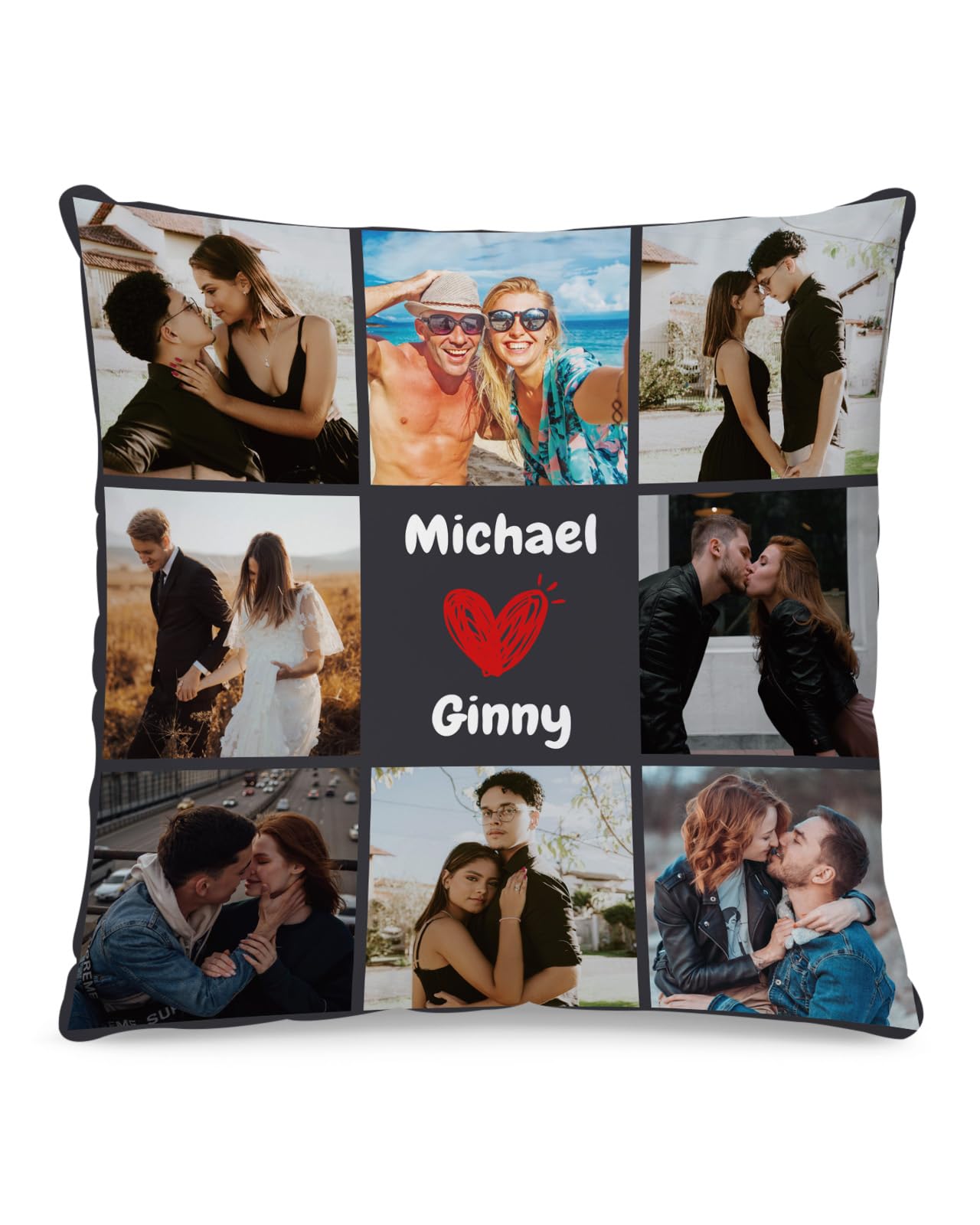 Custom Pillow Case with Picture, Love Heart Personalized Throw Pillows with Name, Option Pillow Insert, Customized Photo Pillowcase Square Cushion Cover Birthday Gifts for Couples, Two-Sides Printed