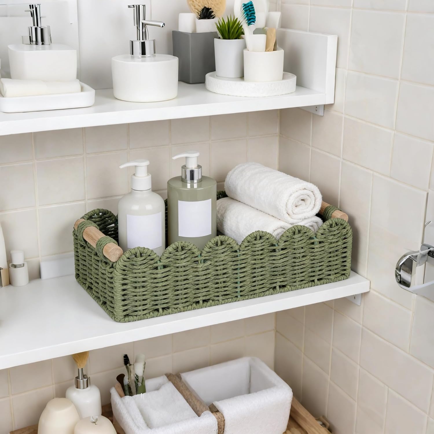 CubesLand Toilet Paper Storage Basket Scalloped Edge Home Decor Green Basket, Living Room Cozy Decor, Paper Rope Small Baskets for Over Toilet Storage Shelf, End Table, Shelves, with 2 Wooden Handles: Beige M - 14"L x 6.3"W x 3.9"H