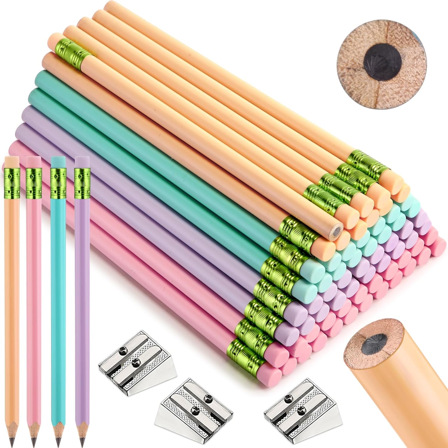 Fainne 102 Pieces Jumbo Pencils Set for Kids Toddlers 96 Thick Fat Large Pencils with Erasers 6 Sharpeners Bulk for Preschool Kindergarten Elementary School Classroom(Yellow,Round)