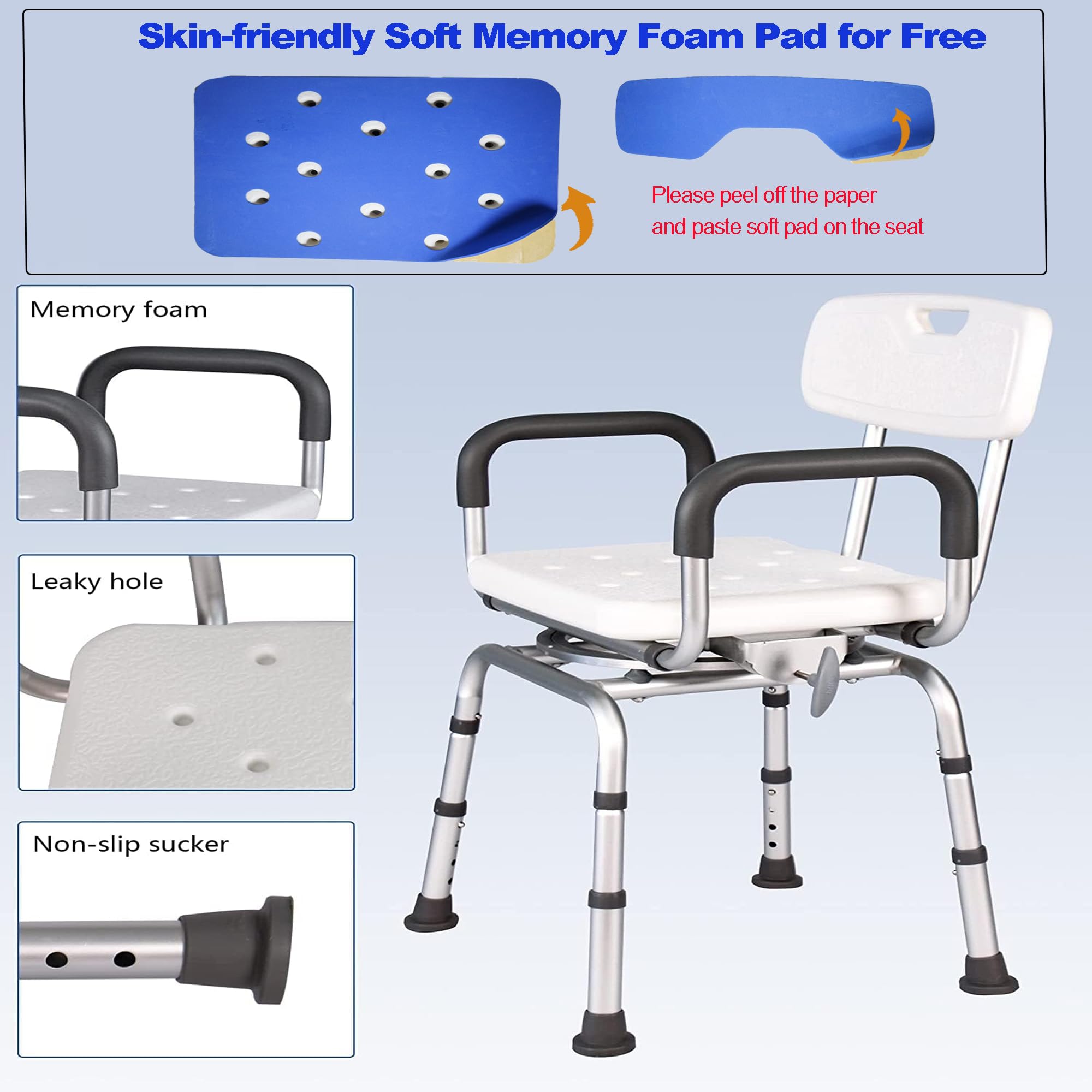 Silla de ducha giratoria de 360 grados, asiento portátil con reposabrazos y respaldo, asiento de altura ajustable para bañera (blanco)