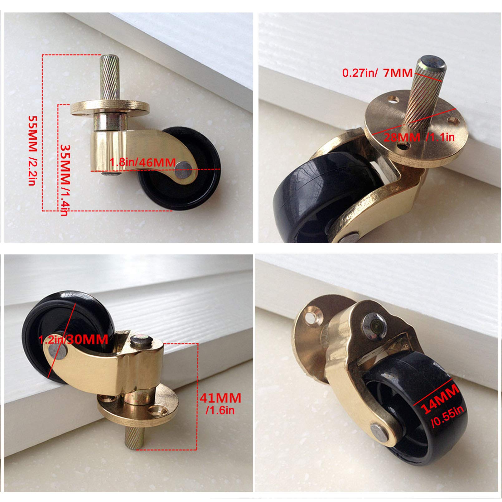 Rotelle Universali per Mobili in Ottone Massiccio x4,Ruote Girevoli in Nylon Stile Antico,Rotelle Resistenti per Divani,Tavolino da Caffè,Attacco a Pistone,Carico 200Kg