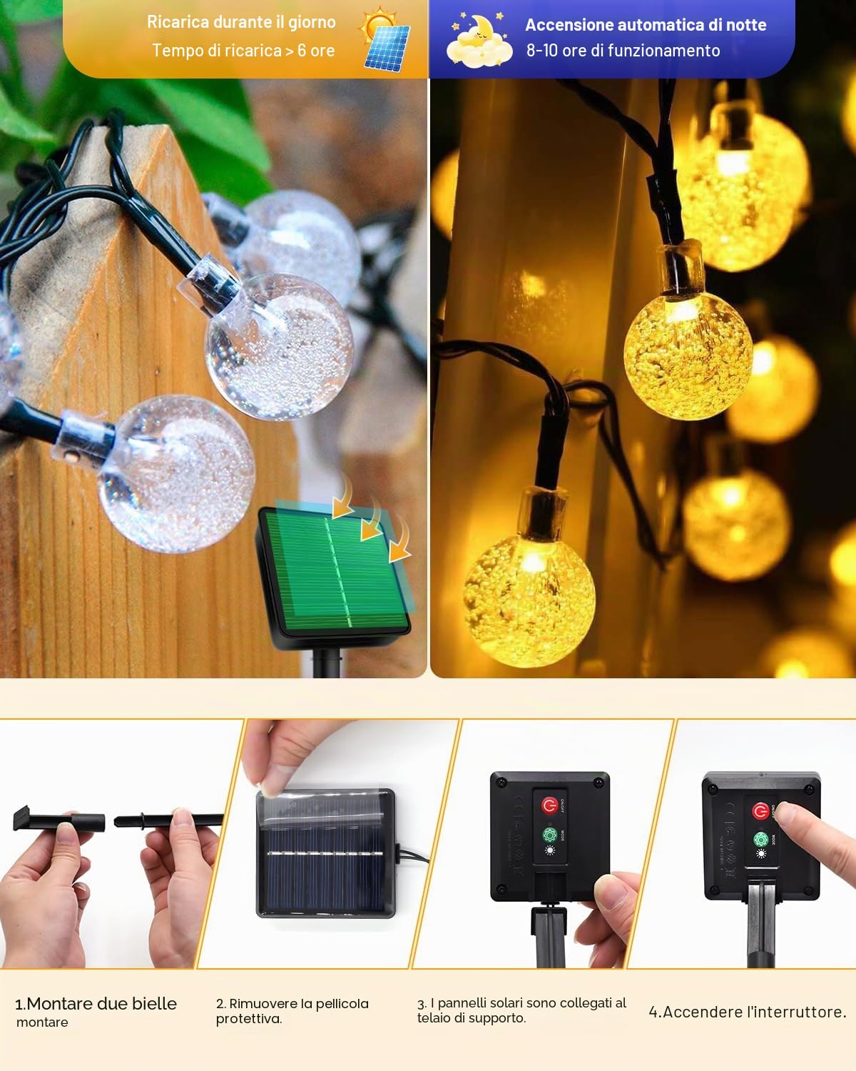 Ghirlanda luminosa solare per esterni - 6 m - 30 sfere LED di cristallo - 8 modalità di illuminazione - Impermeabile IP65 - Bianco caldo - Ideale per giardino, balcone, terrazza e alberi