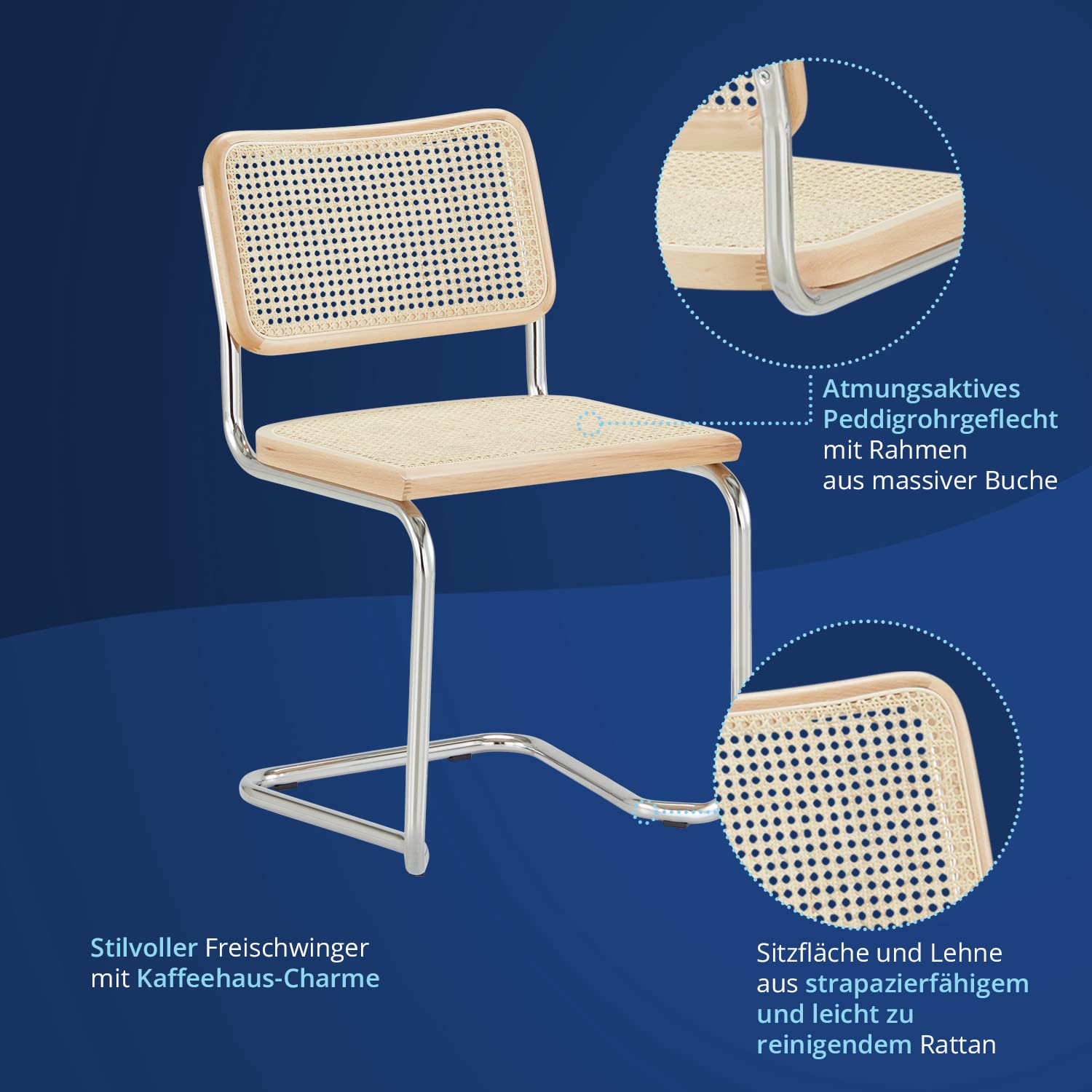 KHG 4er-Set Schwingstuhl Freischwinger Chrom Made in Italy, für Esszimmer | Rückenlehne und Sitzfläche aus Massivholz Buche und Rattan, Esszimmerstuhl, Küchenstuhl Designstuhl mit Wiener Geflecht