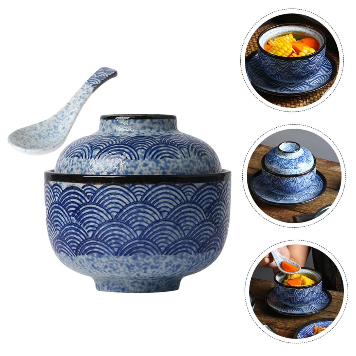 DOITOOL Lot de 2 cocottes en céramique - Bol à ramen avec couvercle - Bol à soupe japonaise - Bol à soupe - Riz Miso - Avec couvercle