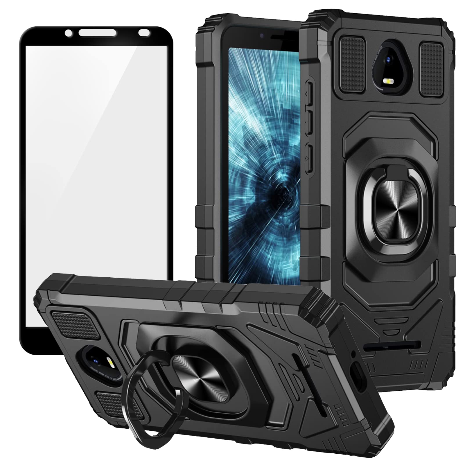 Ailiber for Schok Volt SV55 SV55216 Case, Schok Volt SV55 Phone Case with Tempered Glass Screen Protector, Ring Kickstand for Magnetic Car Mount, Shockproof Protective Cover for Schok Volt SV55 -Black