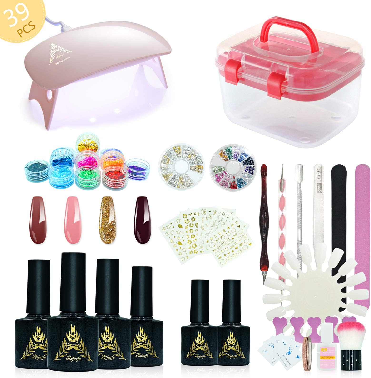 39pcs Nail Design Set, AIFAIFA at Home Gel Nail Kit with Nail Dryer for Starter, DIY Nail Kit with 4 Gel Polish, Base Top Coat, Rhinestone Glitter Sticker Nail Glue Striping Tape, Pack in Storage Box
