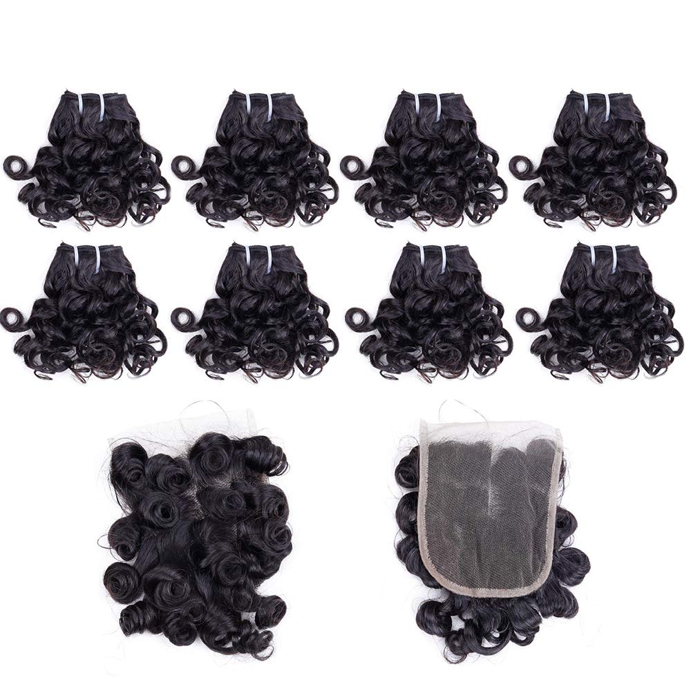 Peruvian Curly Hair Bundles Short Bob Curly Human Hair Bundles with Closure 10A Ocean Weave 8 Bundles with 4x4 Closure(8"*8+8") 25g/bundle