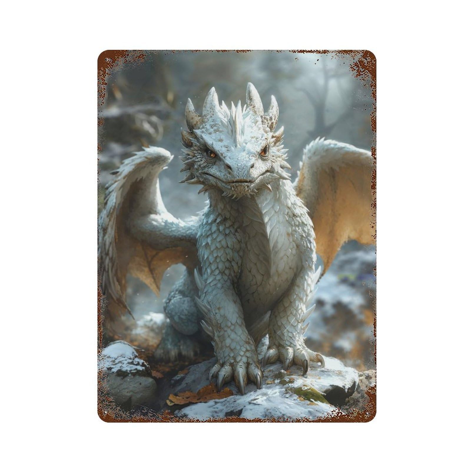 Distressed Metal Wall Sign with Ivory Dragon Whelp Design 15.7"x11.8", for Living Room, Hallway And Home Decor, Vintage Wall Decor