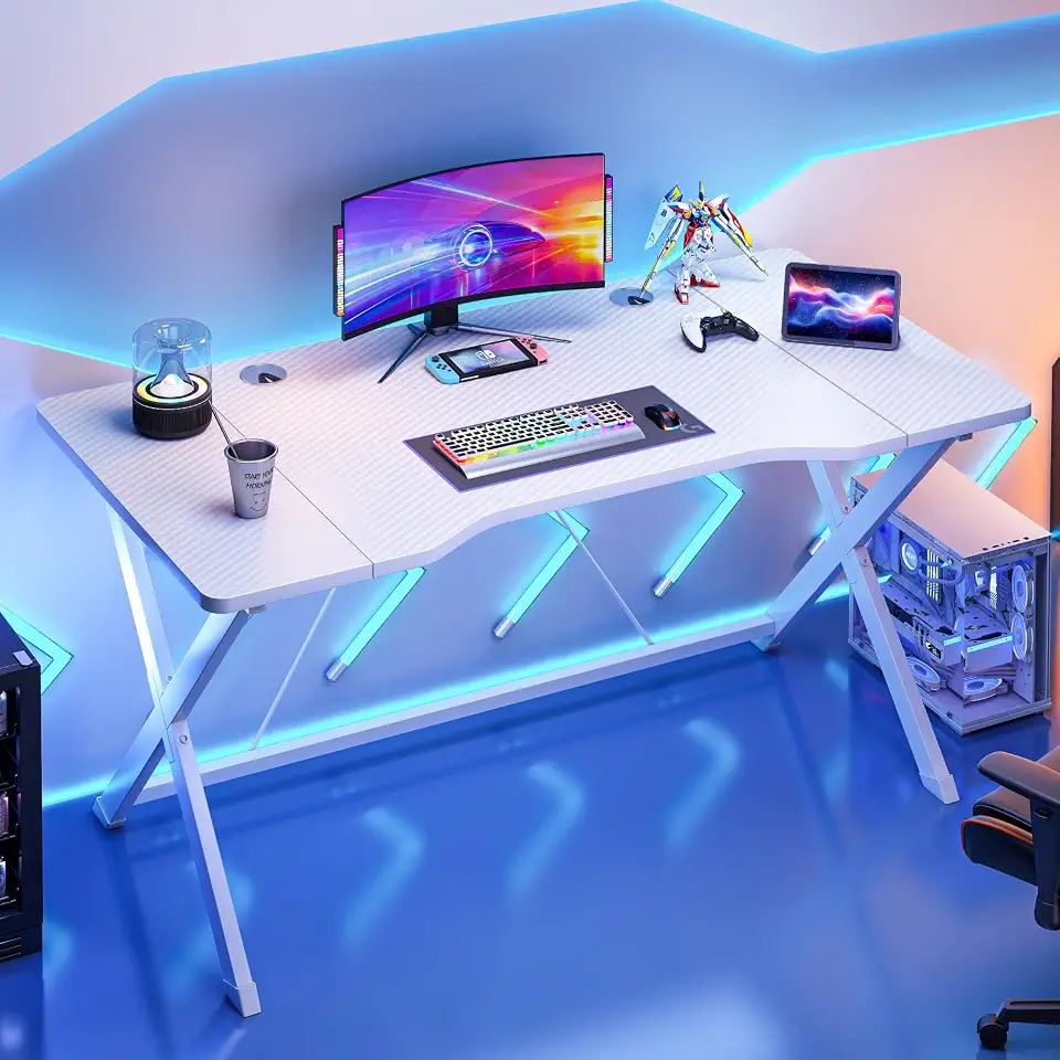 Gaming Table, Carbon Fiber Computer Table with 2 Cable Grommet, Very Sturdy Gaming Desk for Small Space, PC Table for Students and Gamers, Simple Office Desk (White, 120 * 60 * 75CM)