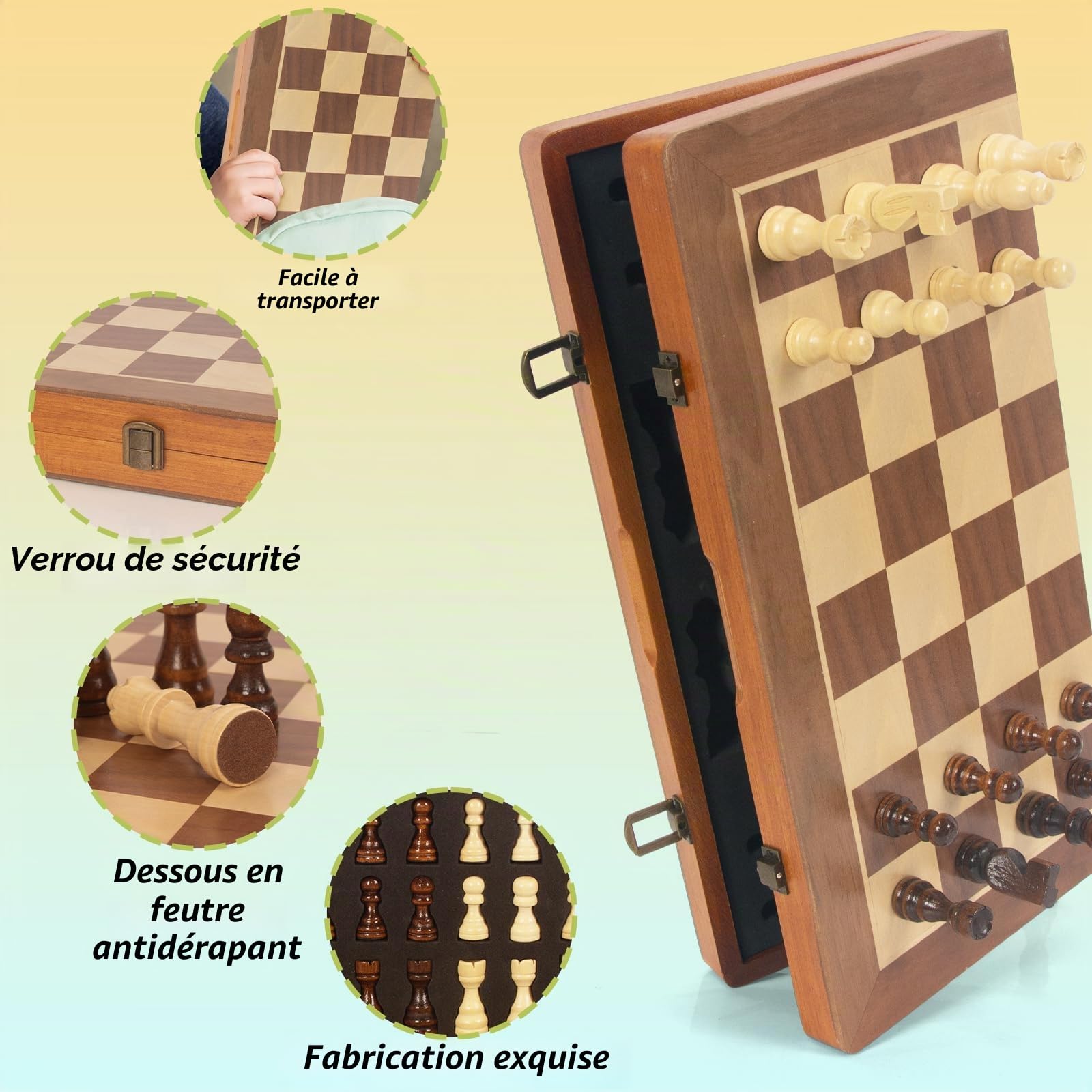 WOODENFUN Jeu d'échecs magnétique en bois pour adultes et enfants, échiquier pliable 40 x 40 cm, jeu d'échecs portable, bois de noyer et de pin (marron, 2 en 1)