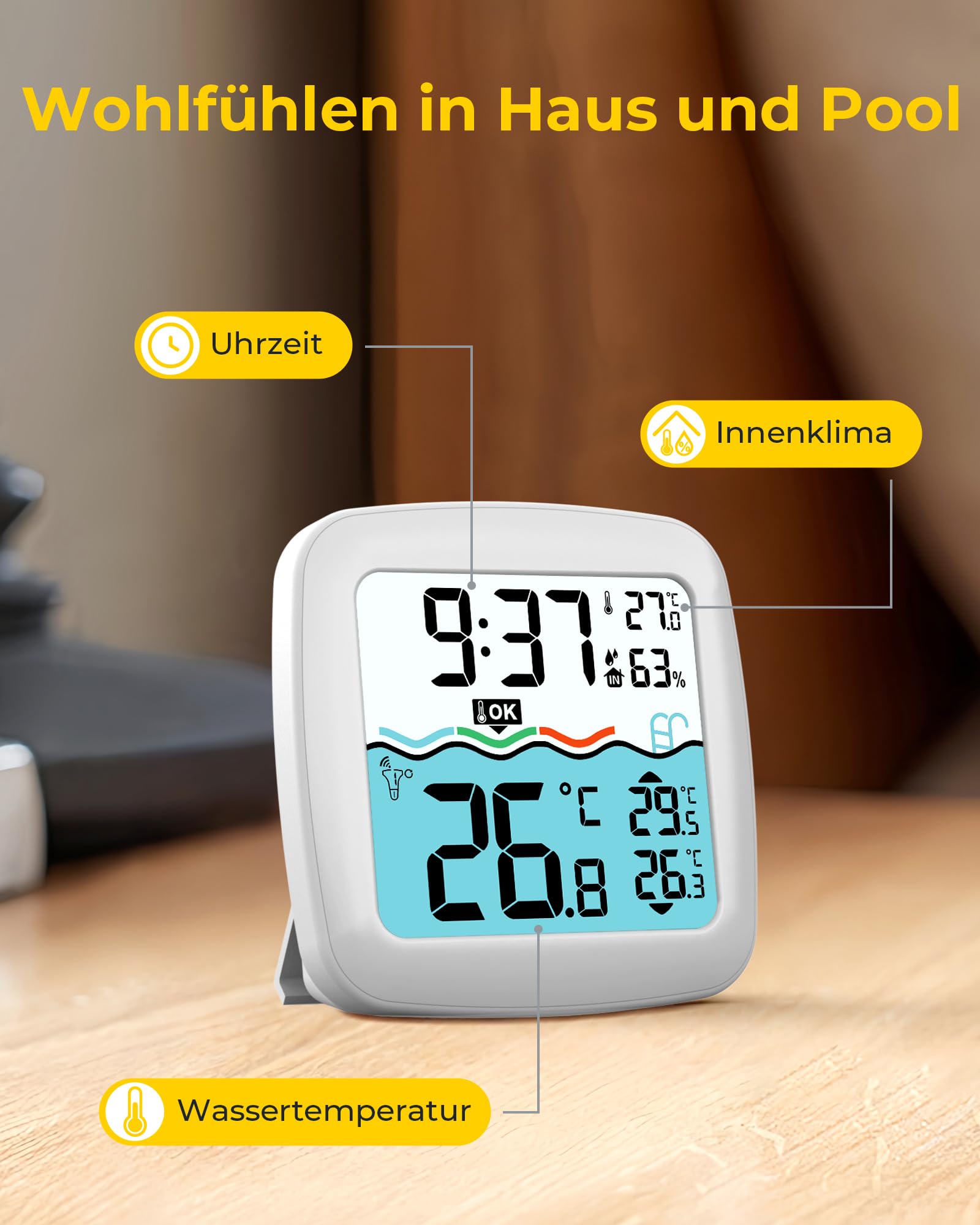 Newentor Funk Poolthermometer - 4-fach Wasserdicht - Antennen-Turbo durchdringt Wände für 100m Reichweite - Schwimmend Wasserthermometer, Perlweiß mit Basisstation