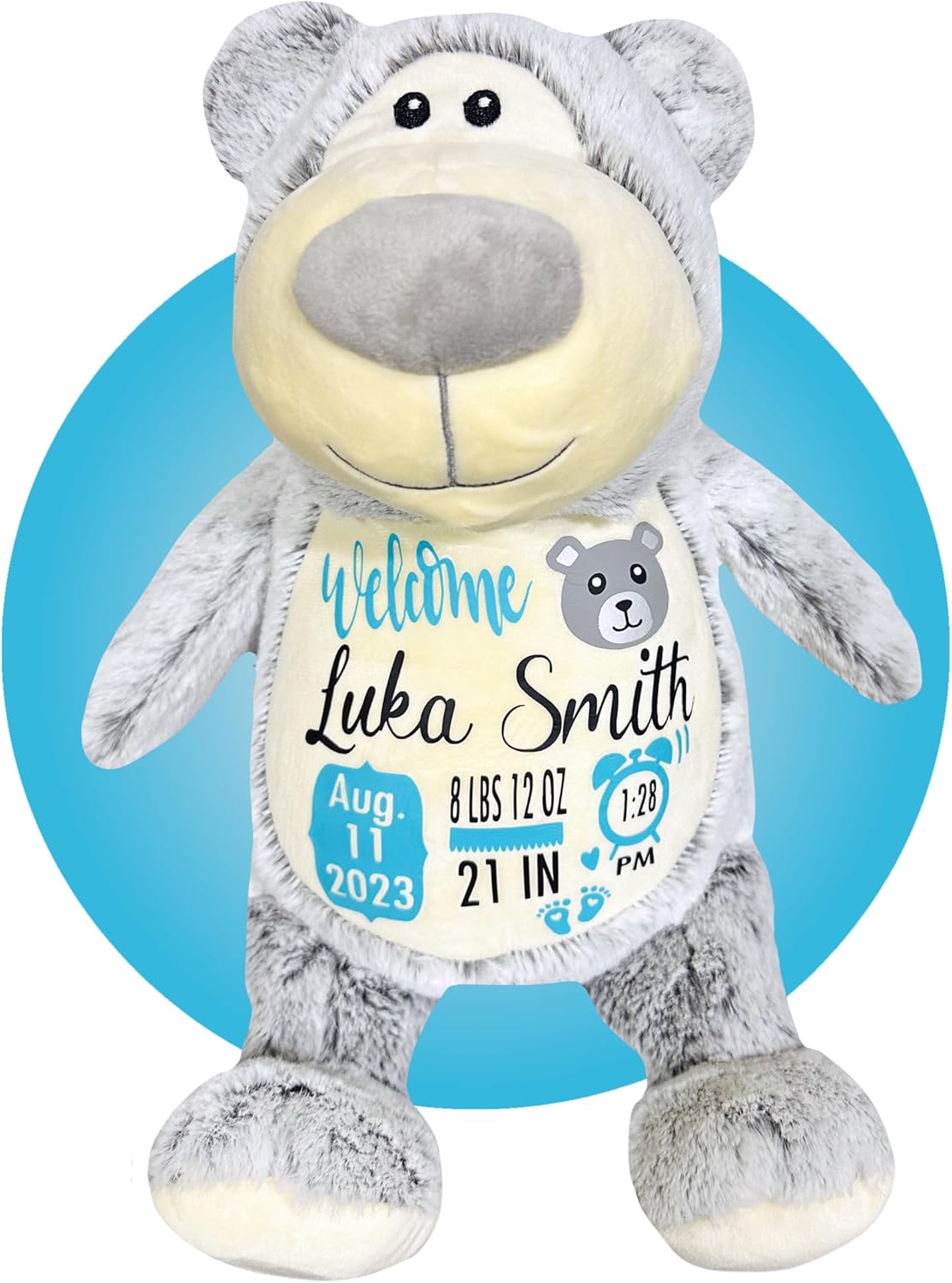 Birth Stat Stuffed Animal - Birth Announcement Stuffed Animals - Personalized Baby Boy Gifts Birth Information Plush Wrapping - Removable Cover