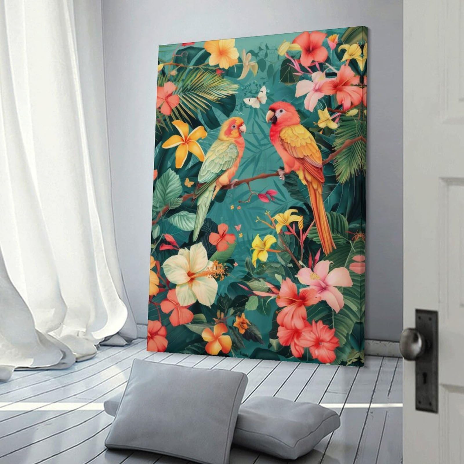 Junmoney Frame-Style-9 Canvas Art Print Tropical Birds And Hibiscus Flowers, 12X18inch(30X45cm), For Office, Study Or Home Workspace, Wall Art That Adds Style To Work Areas