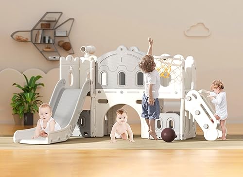 XJD Juego de tobogán 7 en 1, tobogán para niños pequeños a partir de 1 años, juego de tobogán para niños pequeños con aro de baloncesto y pelota,