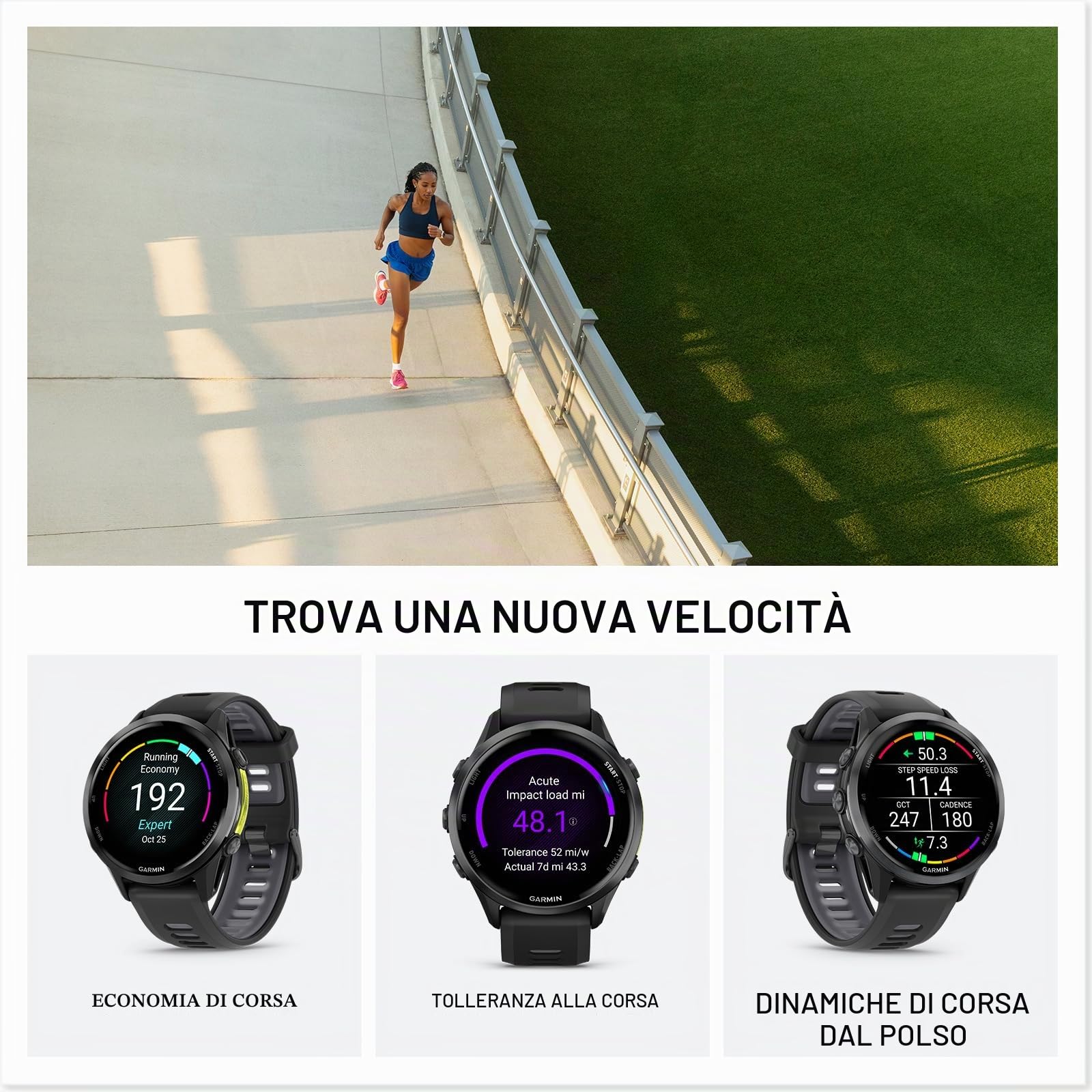 Garmin® Forerunner® 970 Premium GPS Running e Triathlon Smartwatch, display AMOLED, torcia LED integrata, grigio carbonio DLC titanio con cassa nera e cinturino nero traslucido Whitestone