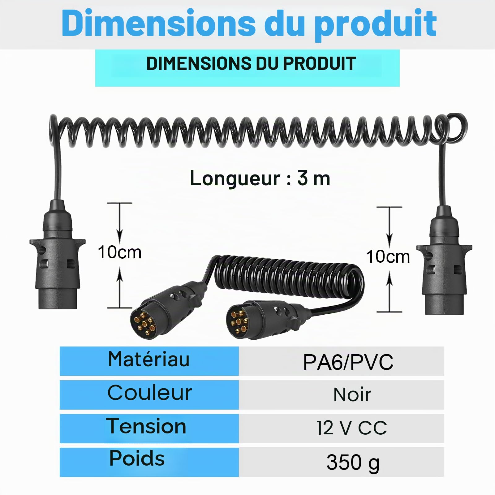 Rallonge Remorque 7 Broches, Câble de Remorque 7 Broches, Câble de Rallonge 2.3 Mètres, Cable Remorque 7 Broches, Câble Universel pour Remorque/Véhicule Utilitaire/Caravane (Câble 7 Broches 2.3m)