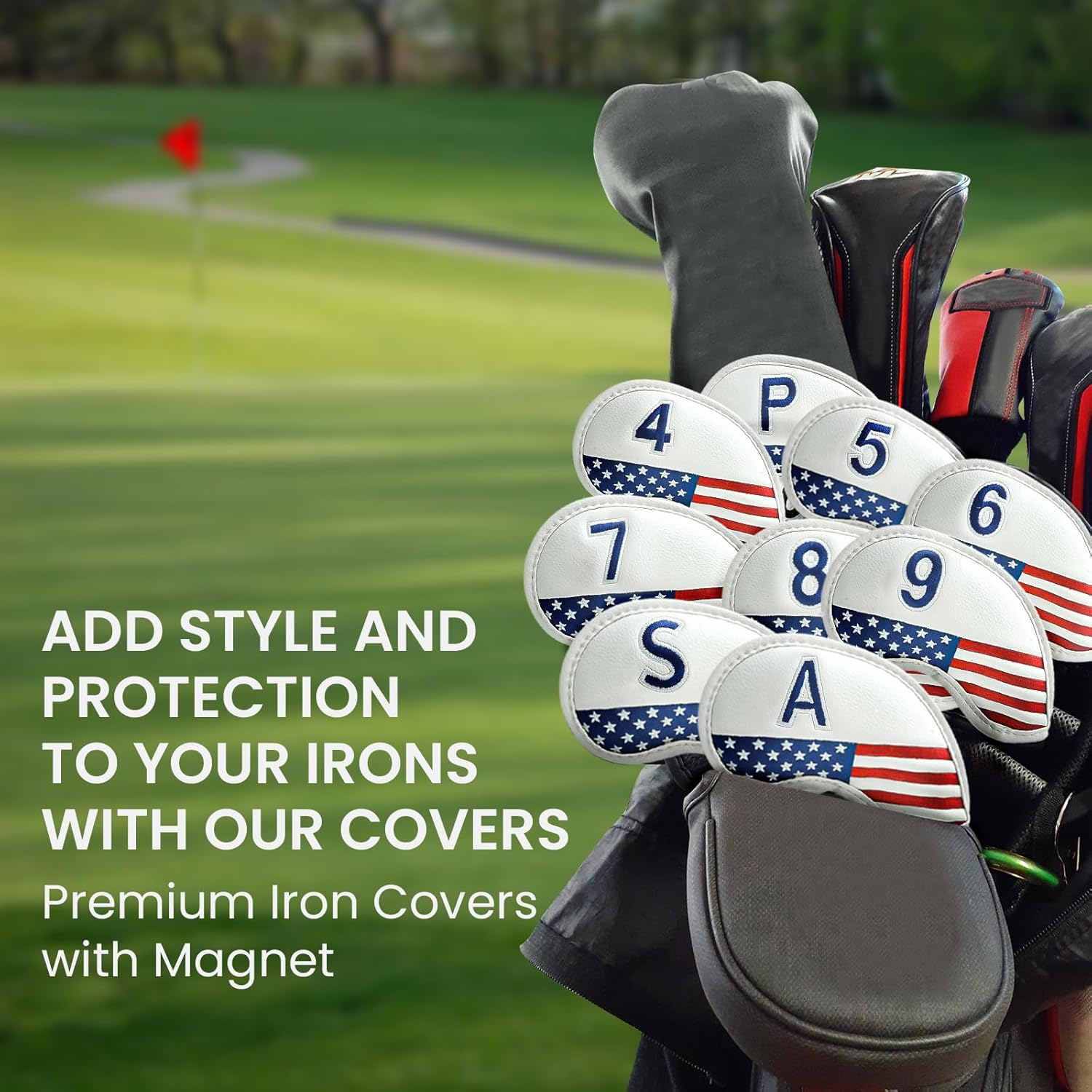 Amy Sport Golf Iron Head Covers Strong Magnetic Closure Value 9 Pack, Premium Synthetic Leather Deluxe Headcovers USA Flag Design, Universal Head Cover Fit Main Irons Clubs