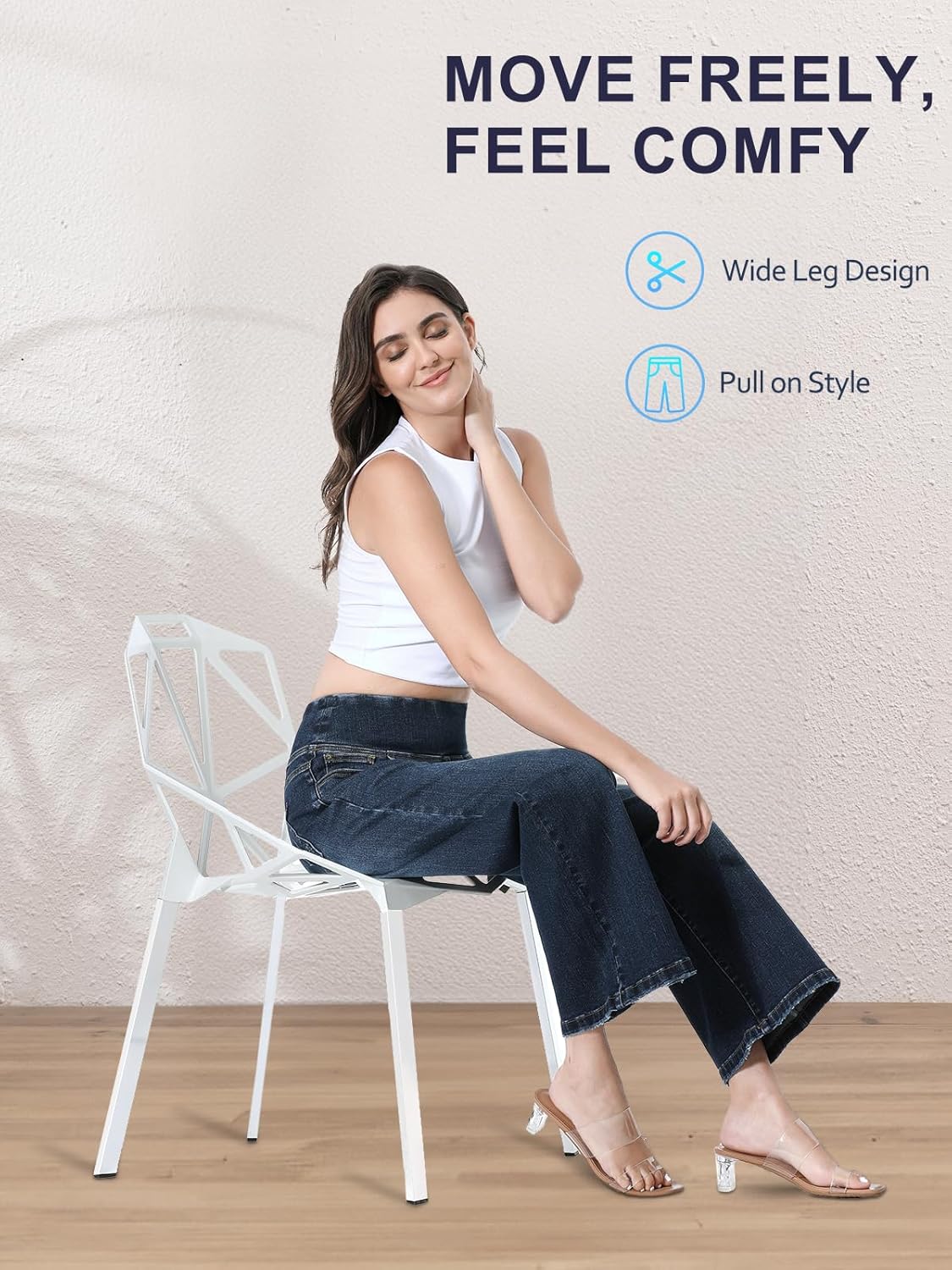 Wide Leg Capri Jeans for Women, Pull on High Waisted Trendy Stretchy Straight Leg Baggy Cropped Tummy Control Jeans - Image 6