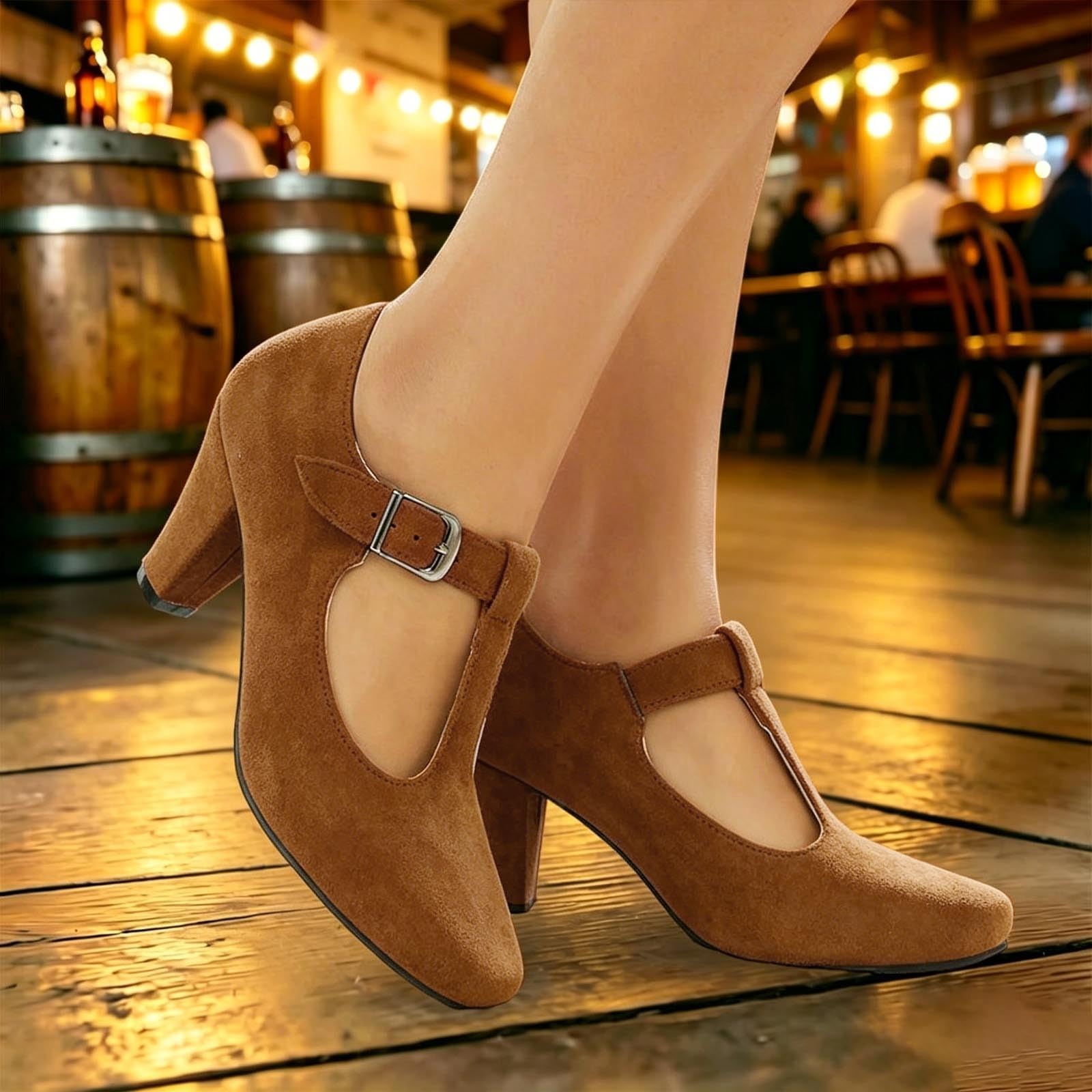 Scarpe Oktoberfest Donna Mary Jane T-Bar Velluto Tacco Grosso | Décolleté Dirndl con cinturino T-bar, scarpe vintage in velluto stile bavarese per festa della birra, matrimonio e party