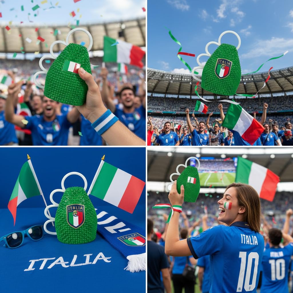 BRILY Caxirola Italia, Sonaglio Verde in Plastica con Bandiera Italiana, Impugnatura con Anelli, Gadget da Stadio