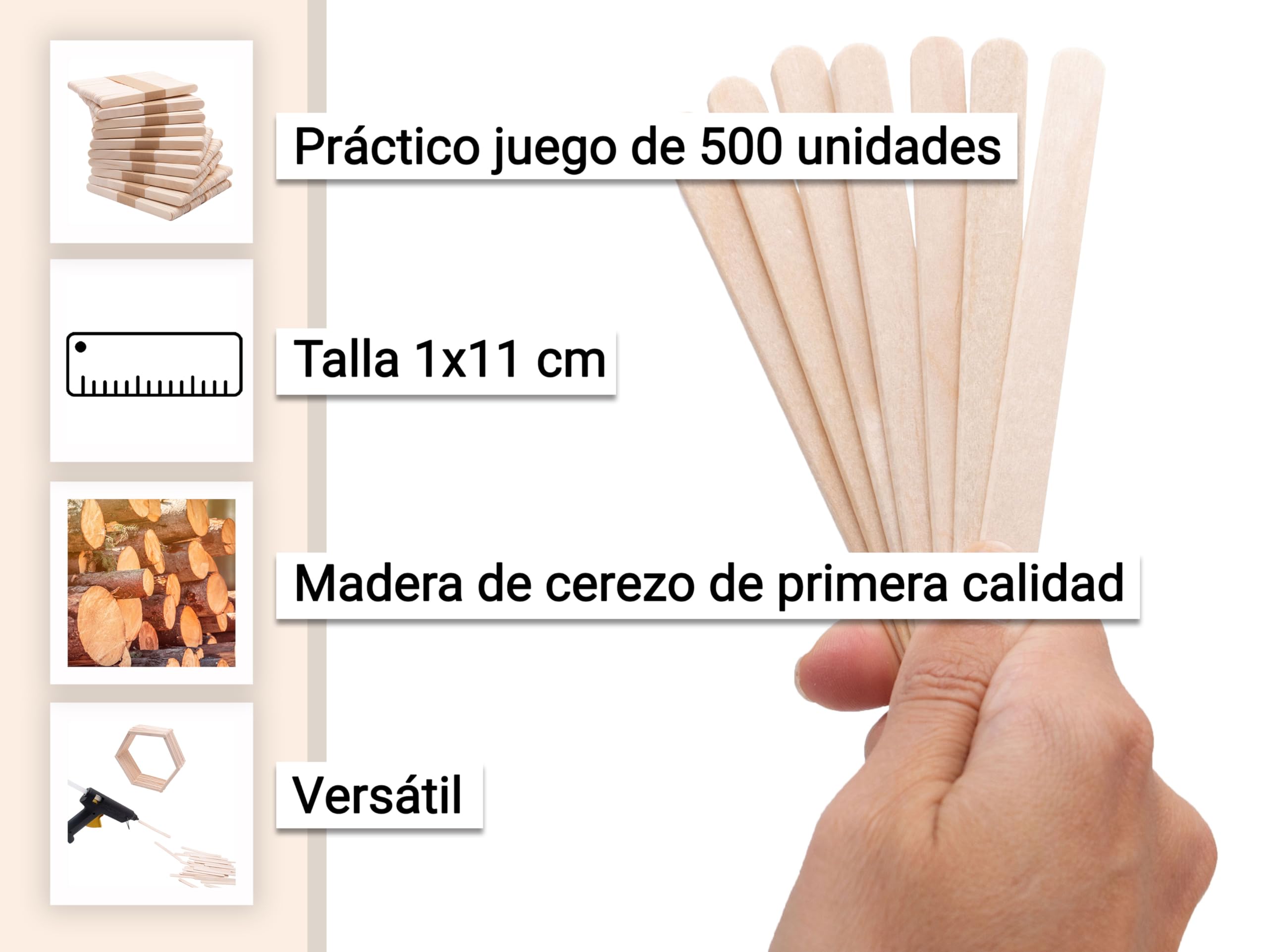 Zollner24: Palitos para helados: 500 palitos de madera natural, 11 x 1,1 cm, ecológicos y sin astillas, perfectos para manualidades
