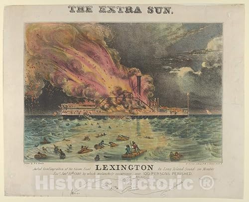 Impresión artística histórica Awful Conflagration of The Steam Boat Lexington in Long Island Sound - Artista Nathaniel Currier - Creado 1838-1846