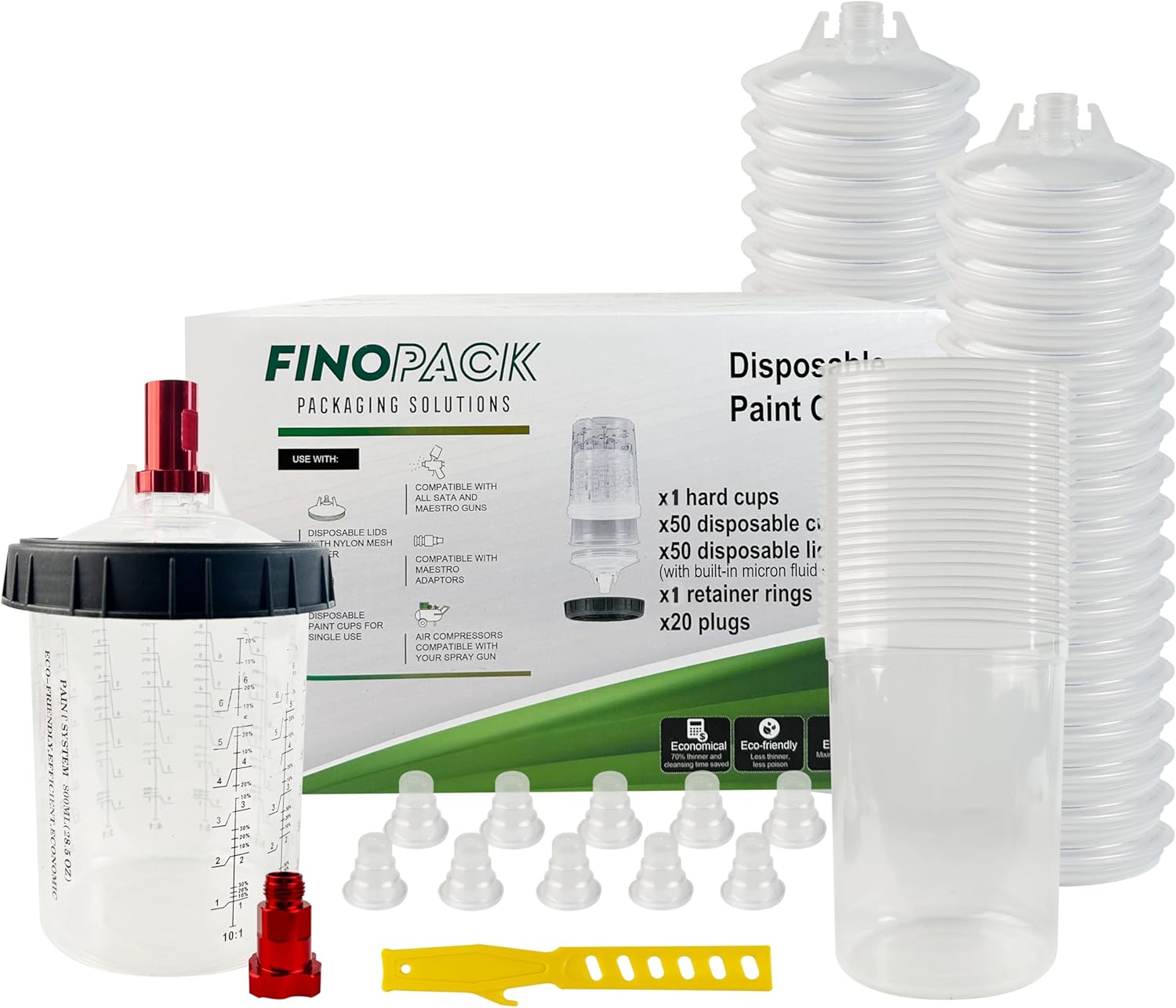 ENDOZER Disposable Paint Cup 50 Pack 6 Ounce(180ML) Mixing Cups for Automotive Spray Gun with 50 Liners and Lids System, 1 Hard Cup with Retainer Ring, 20 Plugs, 2 Adapters for Paint Gun