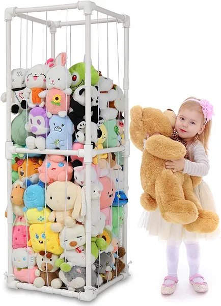 JAWNLITY Stuffed Animals Storage Zoo Organizer, PVC Stuffy Toy Holder, 350L Extra Large Vertical Plush Organizer, Freestanding Stuffed Toy Cage for Nursery and Playroom