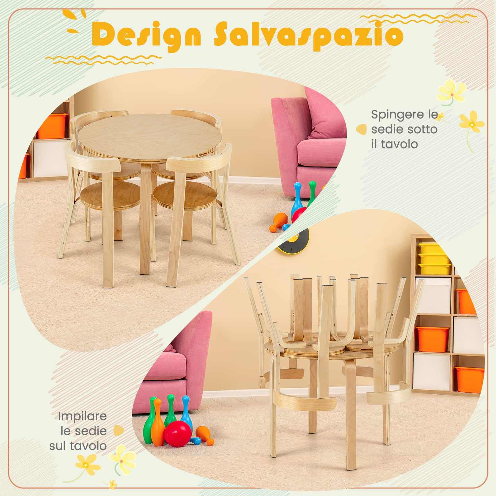 COSTWAY Set Tavolo e Sedie per Bambini, con Schienale Curvo in Legno, Tavolo Attività per Bambini con 4 Sedie, Capacità di Peso 25kg, 4+ Anni (naturale)
