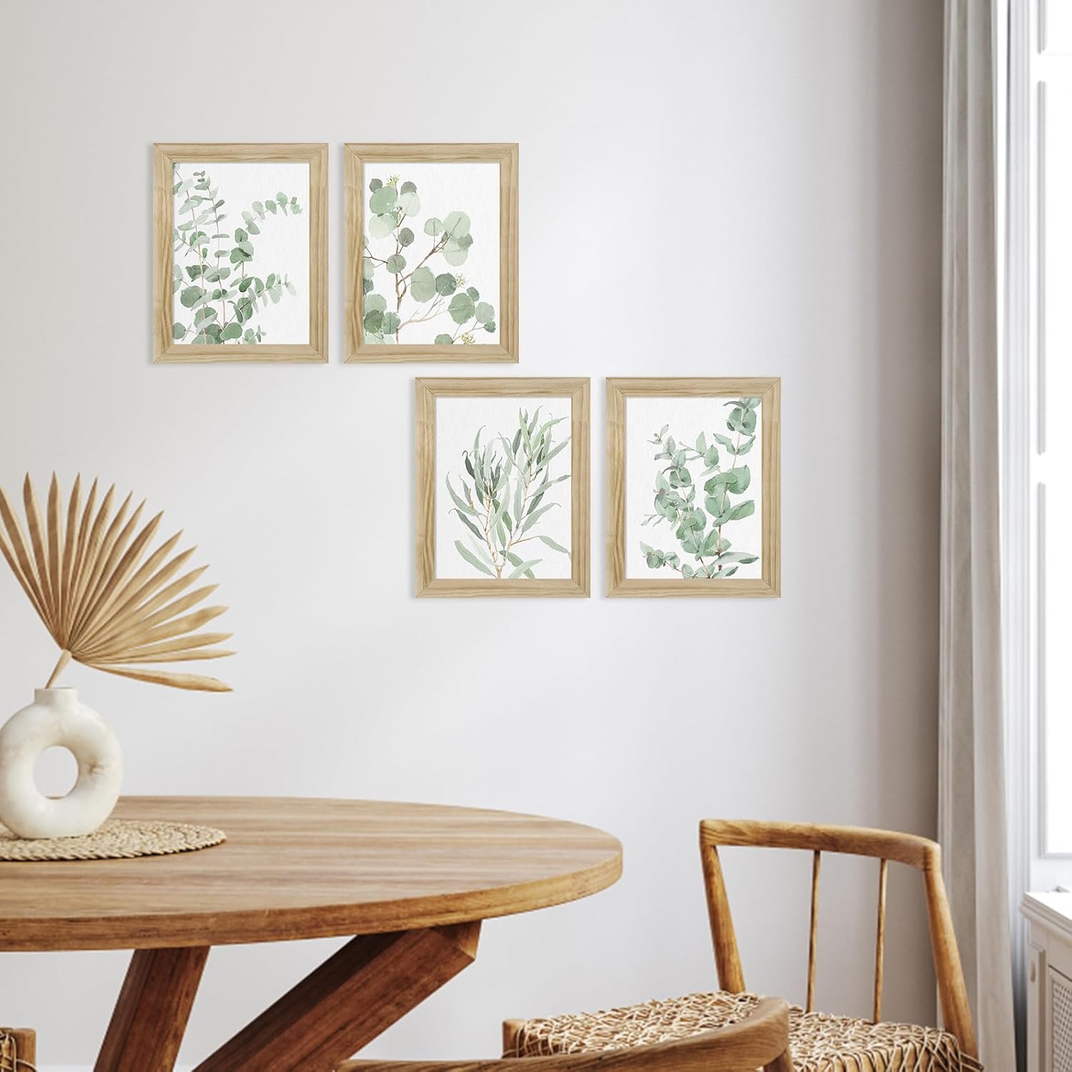 Botanical Plant Wall Art Prints: Sage Green Eucalyptus Picture Decor 4 Piece Framed Boho Leaves Poster for Bathroom Bedroom Living Room Home Decoration 8" x 10"
