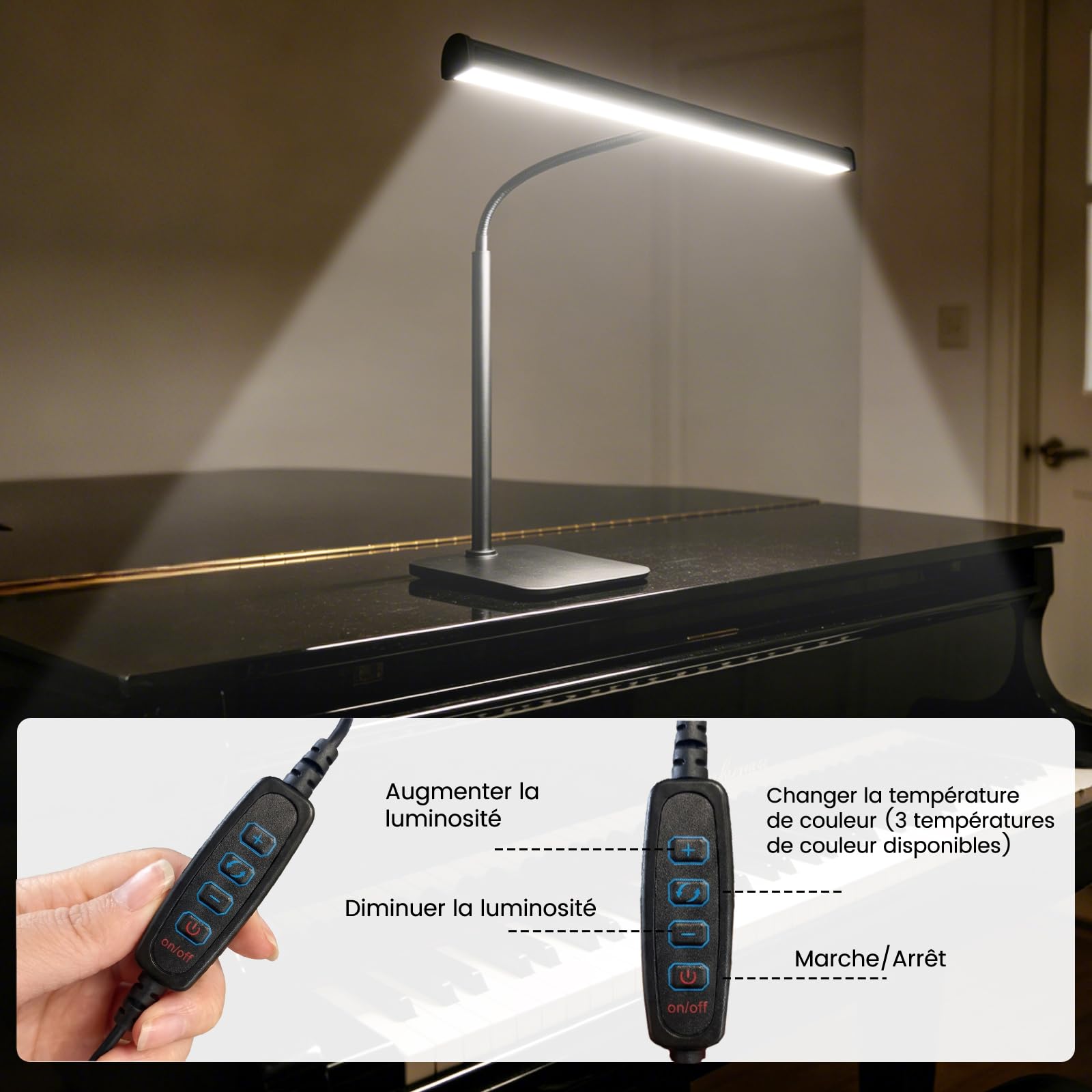 Lampe LED pour Piano, 3 modes de couleur, 10 niveaux de luminosité réglables, alimentation USB, tube flexible à 360°, socle métallique stable, adaptée au piano, piano à queue et bureau