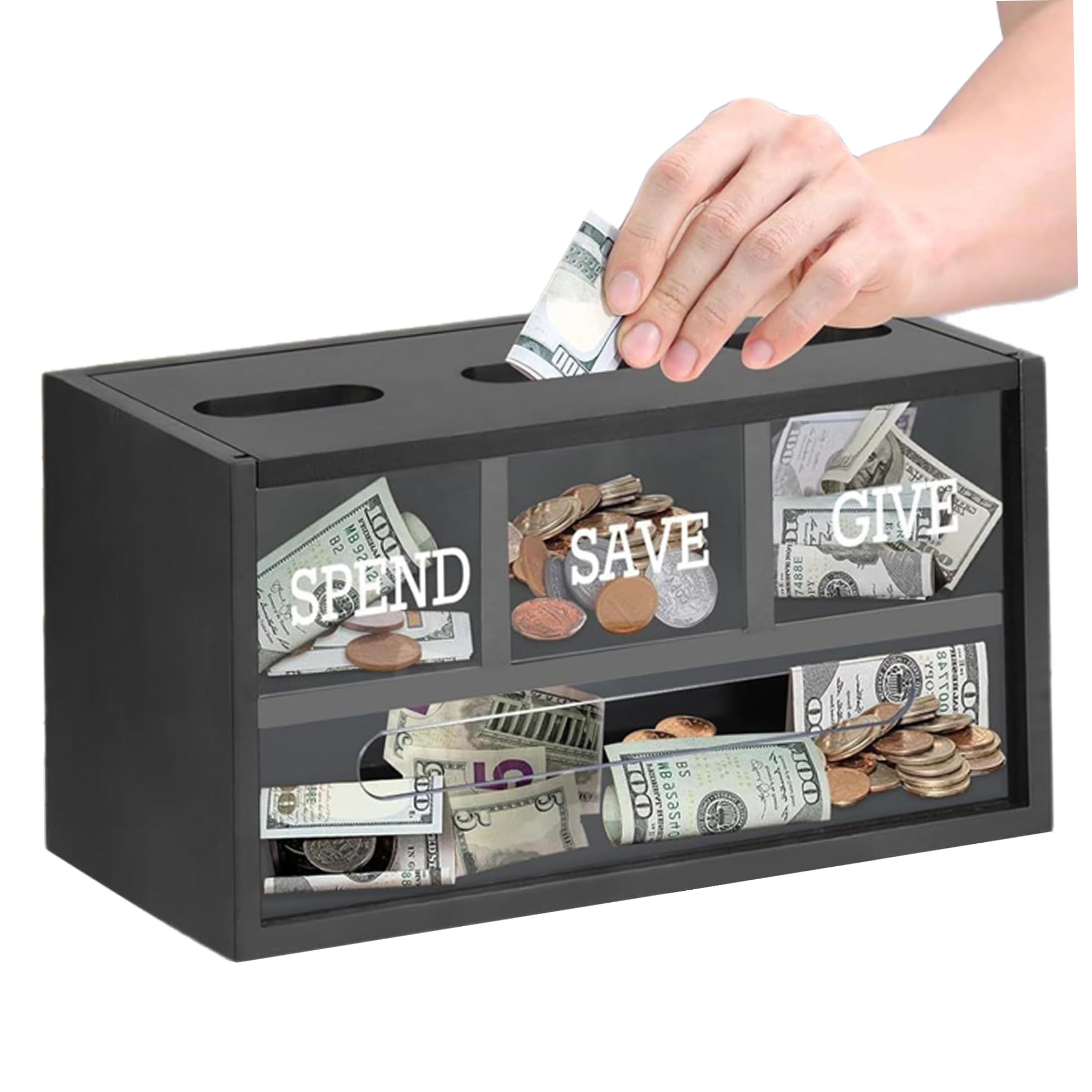 PithCogent Kids Bank, Save Spend Give Bank for Kids, 3-Compartments Wooden Money Saving Box - Wall Mount & Countertop Money with Visible window, Black