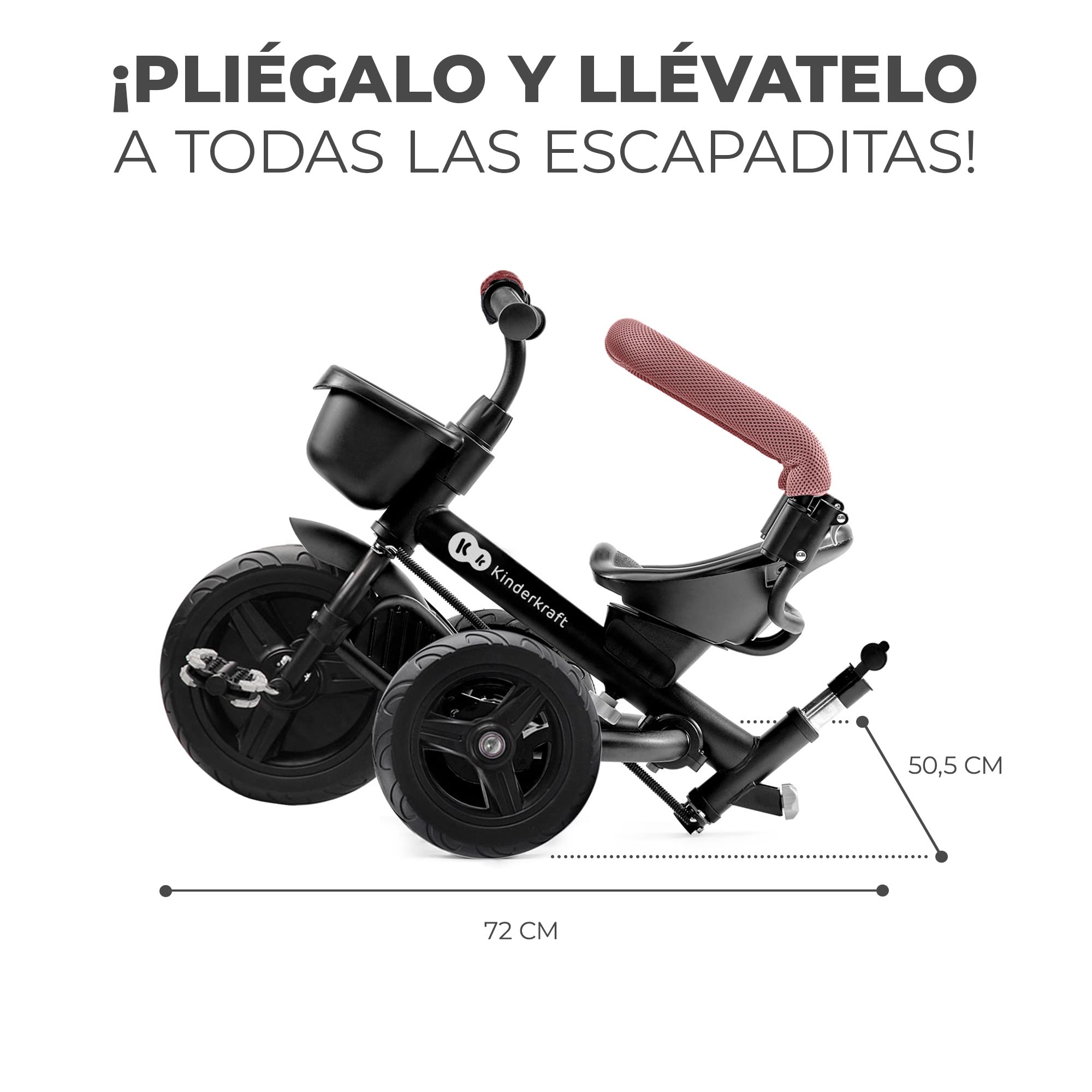 Kinderkraft Aveo Bebé, Plegable, Trike, Bicicleta para Niños, Triciclo Evolutivo, Sin Pedales, Bicicleta Bebe, con Accesorios Práctico, Dos Cestas, 9 Meses a 25 kg, Rosa
