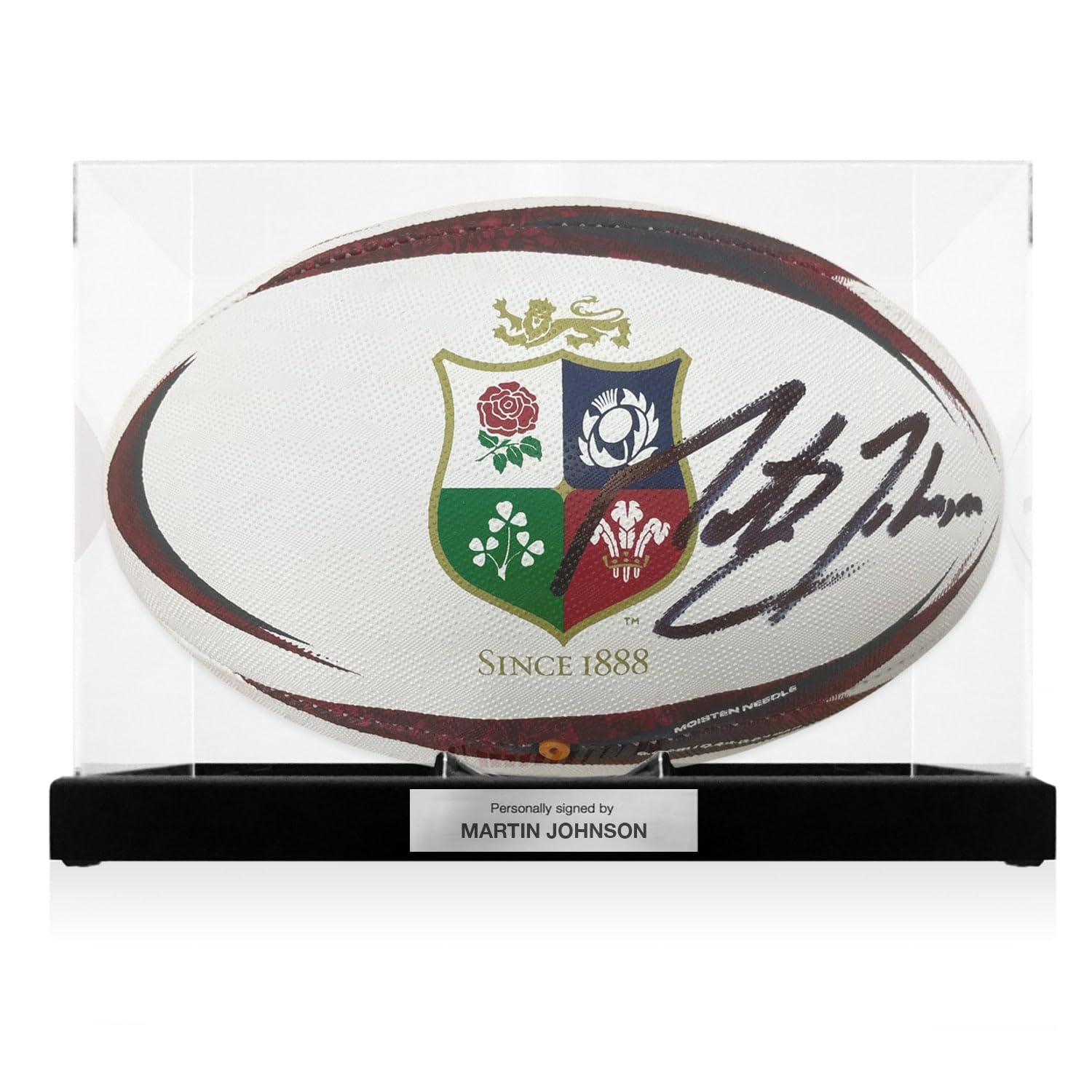 Pallone da rugby dei British Lions firmato da Martin Johnson. Vetrina con targa