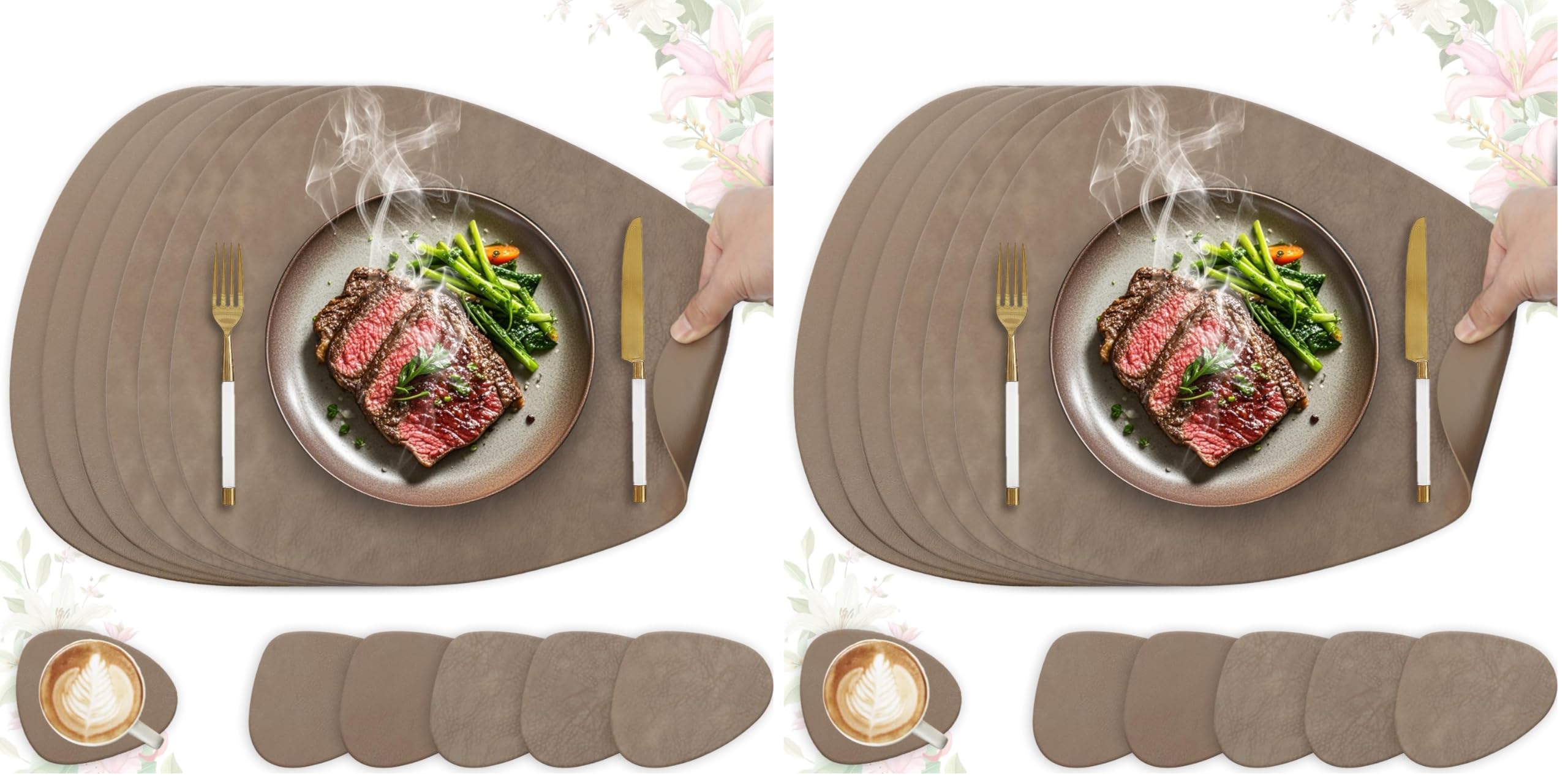HELI MIAO 6er Set Tischset aus Leder-Imitat，Platzsets abwaschbar und wasserdicht，Platzdeckchen Lederoptik mit Untersetzer,Tischuntersetzer Doppelseitigen rutschfest(Oval,braun) (Packung mit 2)