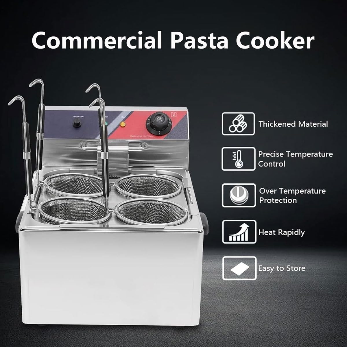 Cuocipasta Elettrico Professionale a 4 Fori,Cuocipasta Elettrico da 3500W con 4 Cestelli colino, Macchina for Cottura Spaghetti in Acciaio Inossidabile,Temperatura Regolabile 140-392℉,for Ristoranti