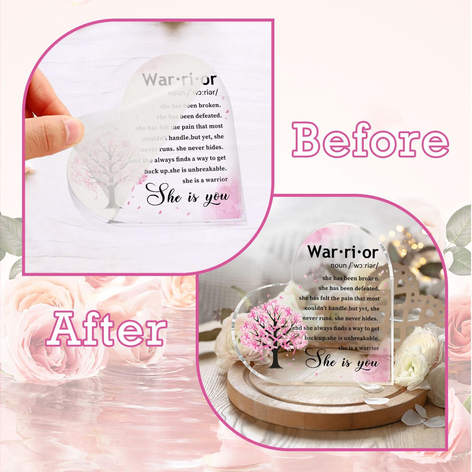 Breast Cancer Survivor Gifts 3.9 x 3.9" Breast Cancer Plaque Inspirational Gifts for Women Warrior She is You Office Home Acrylic Decorative Signs - Image 4
