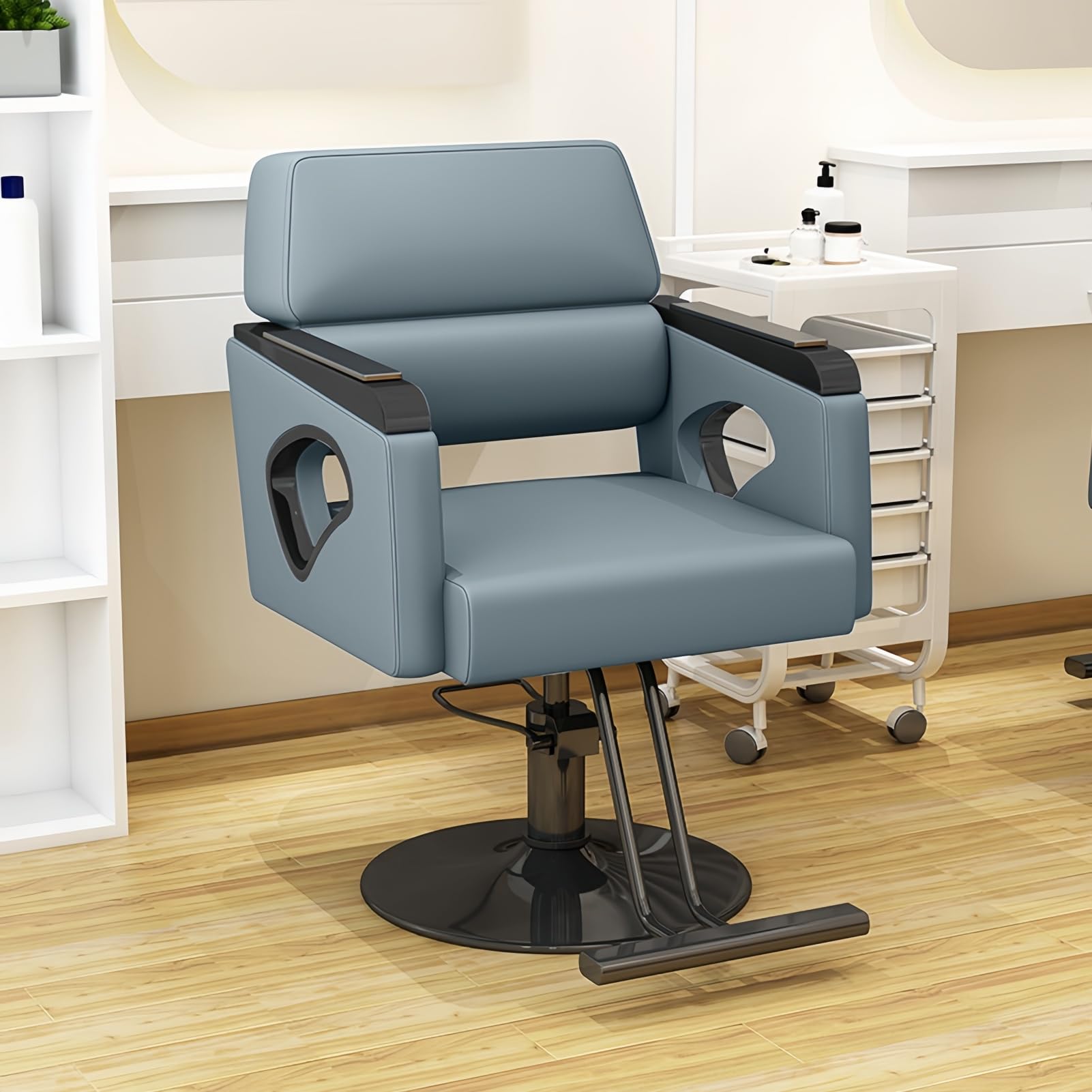 Profesjonalny klasyczny hydrauliczny fotel barberski do salonu z funkcją odchylenia – z możliwością obrotu o 360°,Misty blue,A | Hydrauliczny fotel fryzjerski, fotel do salonu z podnóżkiem, do salonu, zakładu fryzjerskiego, studia tatuażu