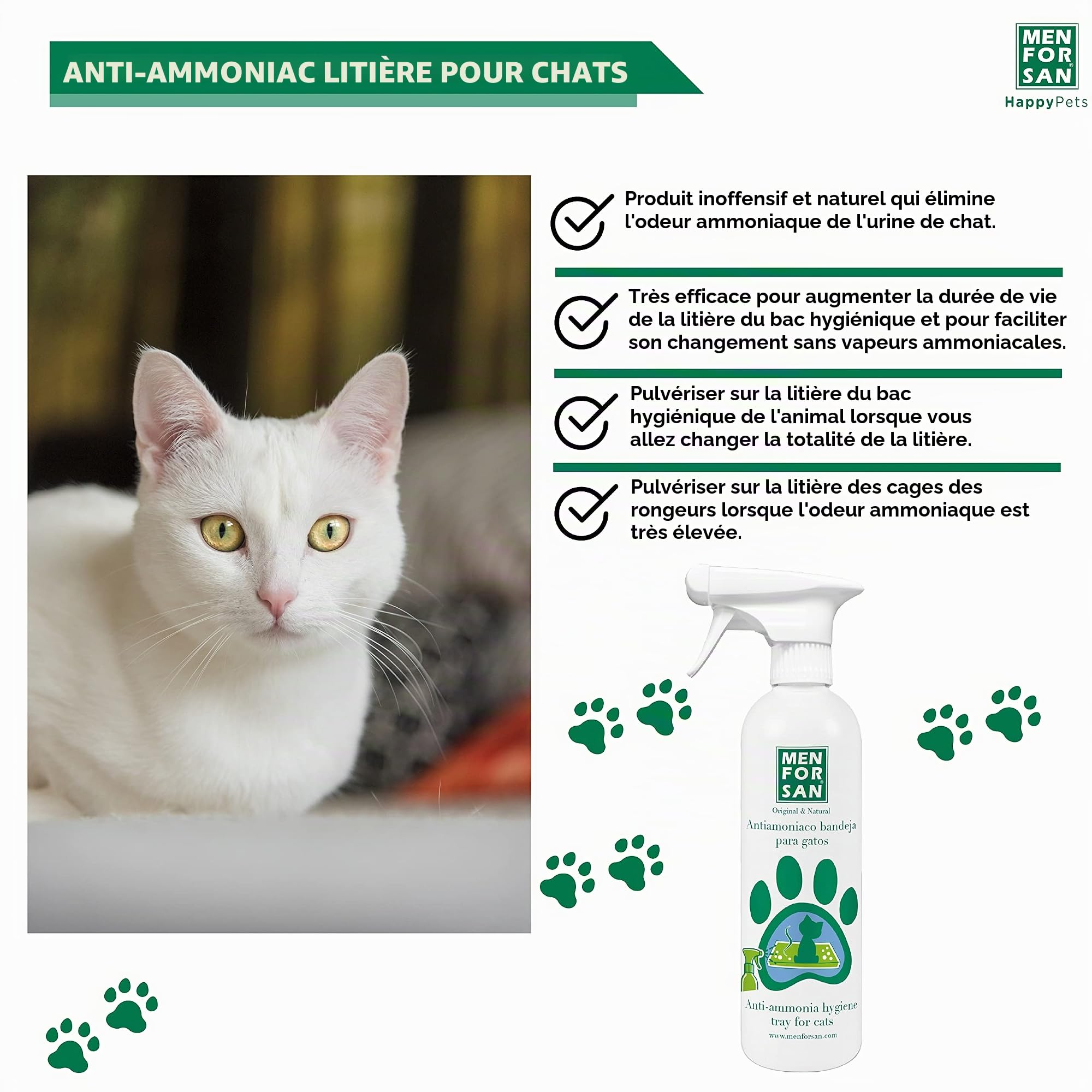 MENFORSAN Antiammoniac Plateaux de Chat 500 ML, élimine Les odeurs d'urine, n'est Pas Toxique