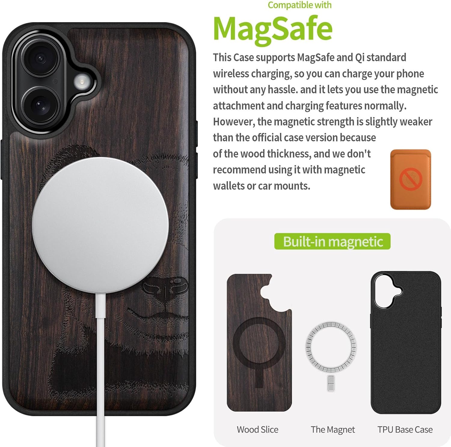 Carveit Magnetic Wooden Case for iPhone 16 Case, Wood Artisan Engraved & Black Soft TPU Shockproof Cover, Compatible with MagSafe Wireless Chargers (The Giant Panda's Gaze) Blackwood