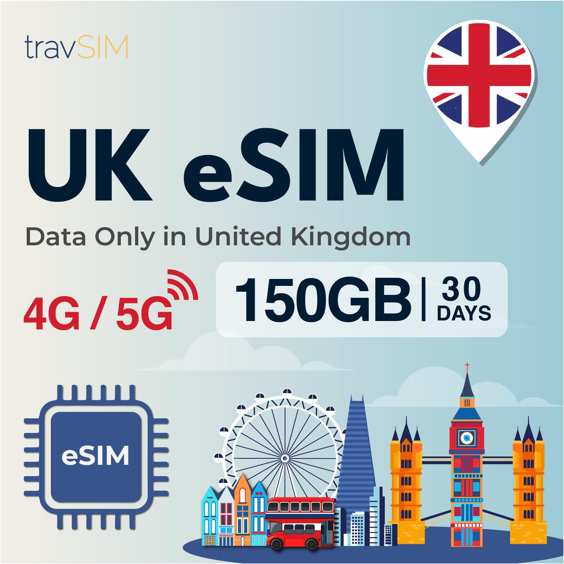 UK eSIM | 150GB Data Plan Only | 4G/5G Speeds | Works Throughout the UK | eSIM for UK is Valid for 30 Days