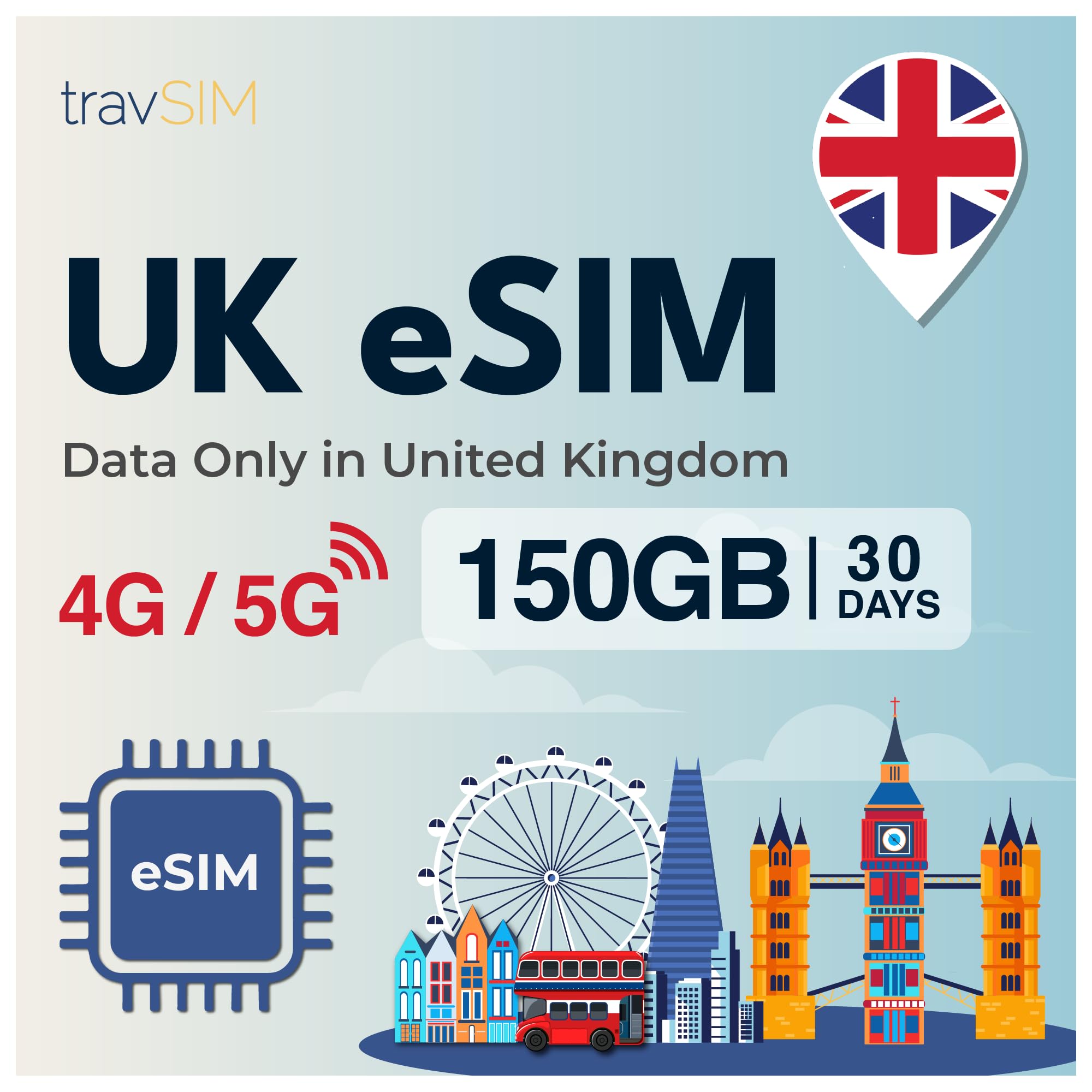 travSIM UK eSIM | 150GB Data Plan Only | 4G/5G Speeds | Works Throughout The UK | eSIM for UK is Valid for 30 Days