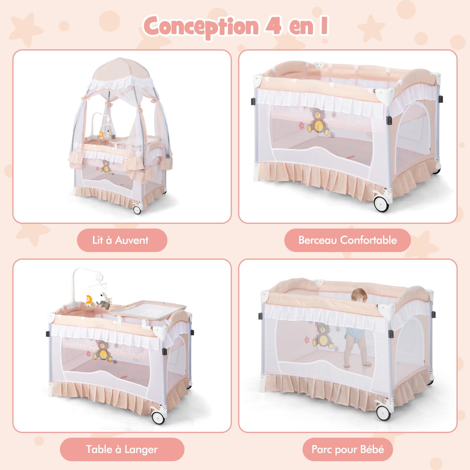 COSTWAY 4 en 1 Lit Parapluie Bébé avec Matelas et Filet Détachable, Lit Bébé Évolutif Pliable avec Table à Langer, Style Princesse, Boîte à Musique et Jouets pour Bébé de 0-3 Ans