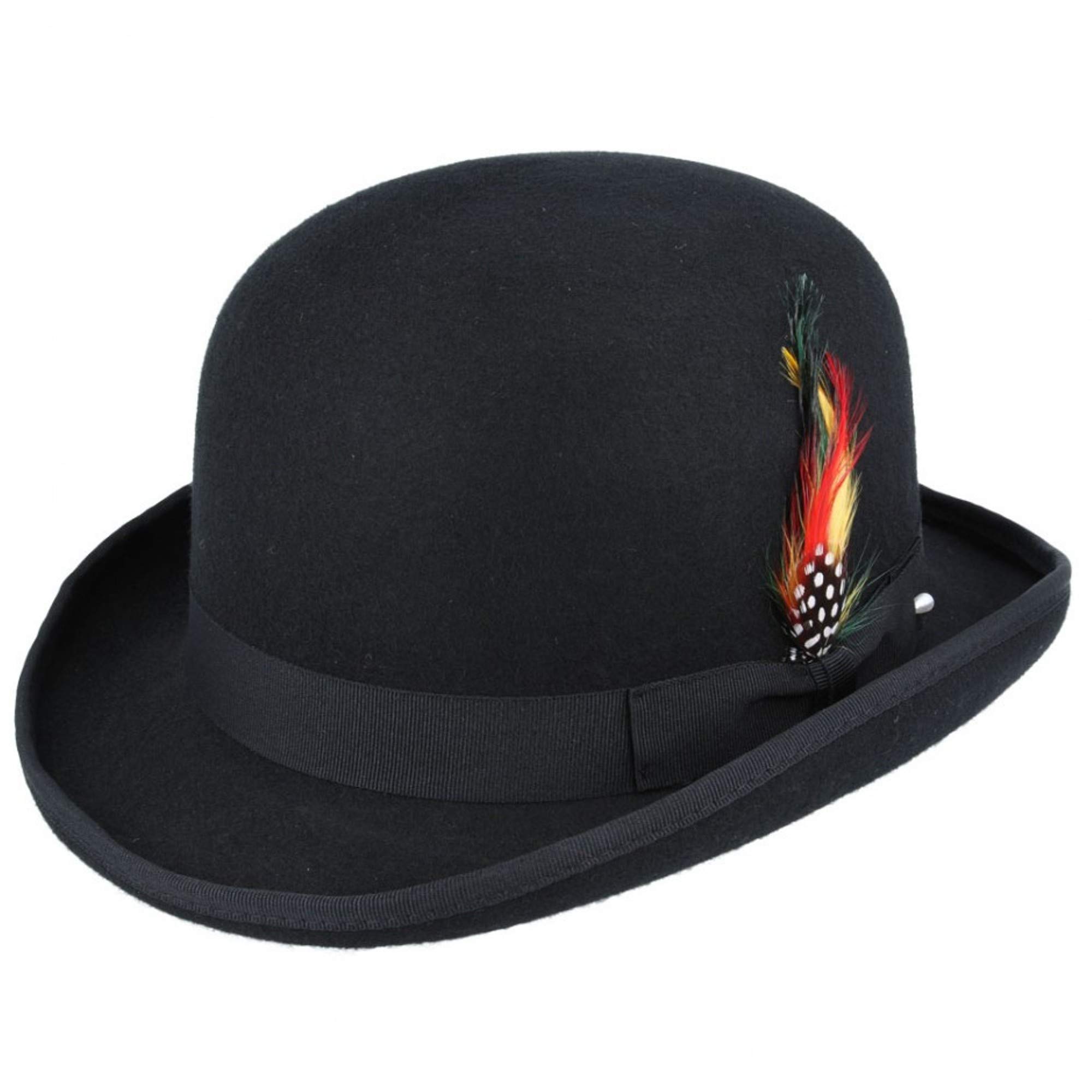 Unisex Hard Top Wool Bowler Hat with Feather Satin Lined Sizes S to XL