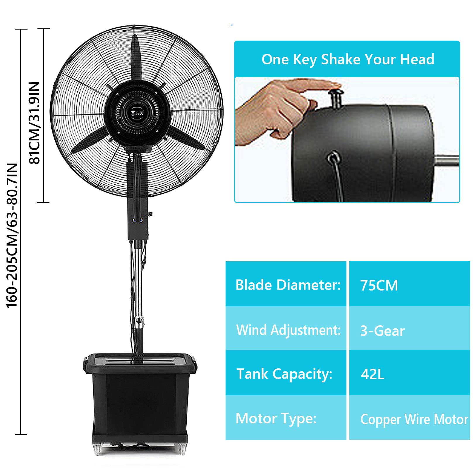 Kit de ventilador de nebulización para exteriores, altura ajustable 90° oscilante ventilador de pedestal con tanque de 11 galones para garaje