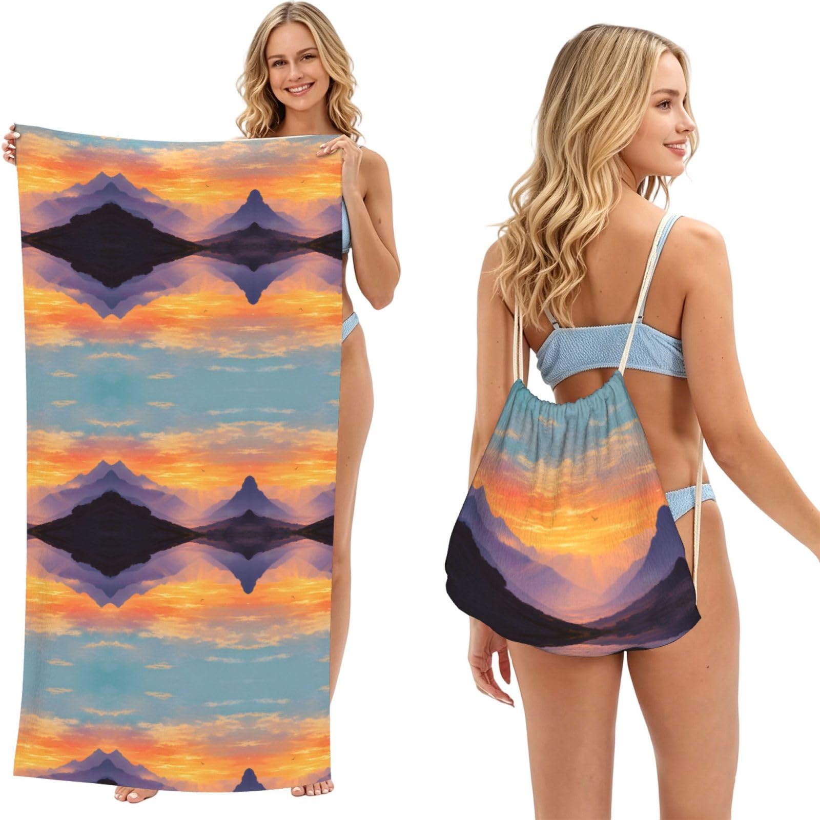 EZDLOWVBA Morning Glow Print Beach Towel Backpack 2 In 1 Summer Large Lightweight Beach Towel - Multifunctional Ship Pattern Towel Bag For Storage,Sport
