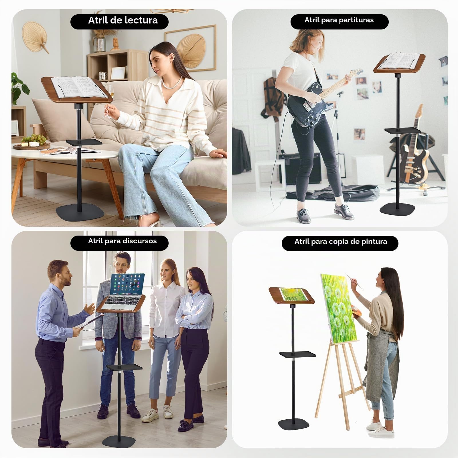 Atril para libros ajustable 50-130cm con bandeja y clip elásticos,soporte para recetas,partituras, tabletas y portátiles,atril musica