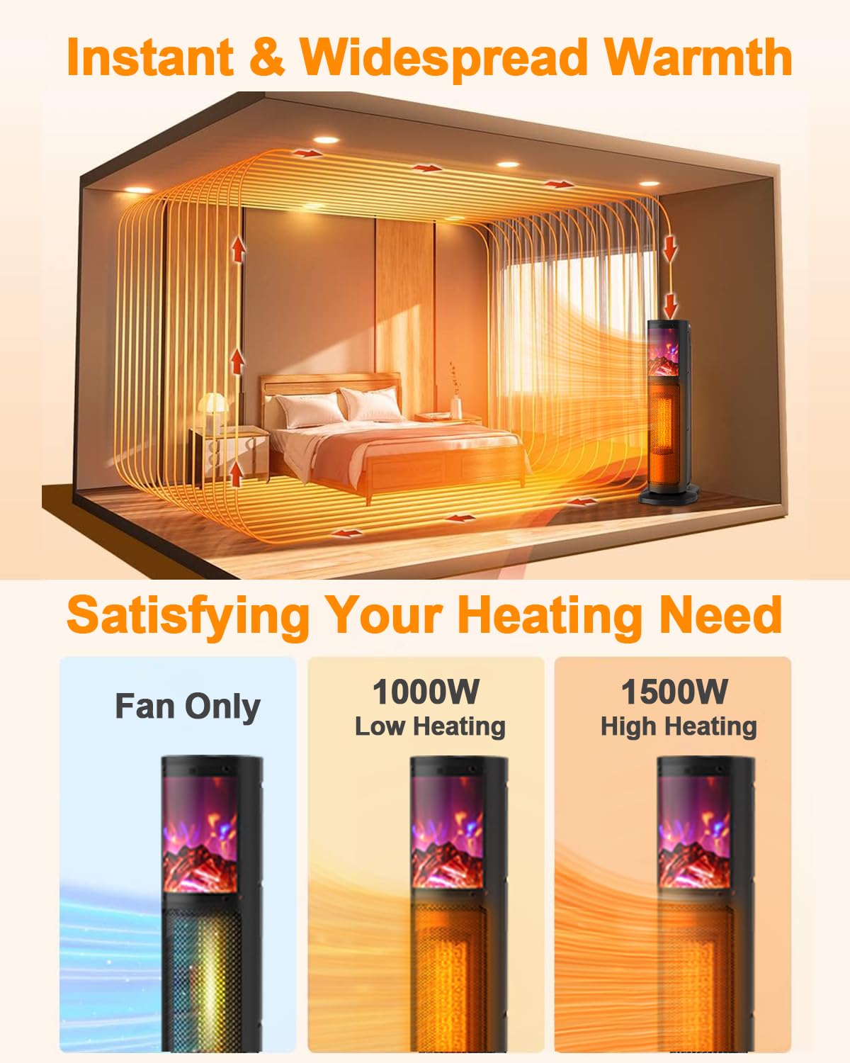 Space Heater [2024 Upgrade], 26" Space Heater for Indoor Use, Home, Office, Bedroom, 1500W PTC Portable Oscillating Electric Heater Space Heaters with Remote, 3 Modes, Thermostat, 12H Timer, 3D Flame