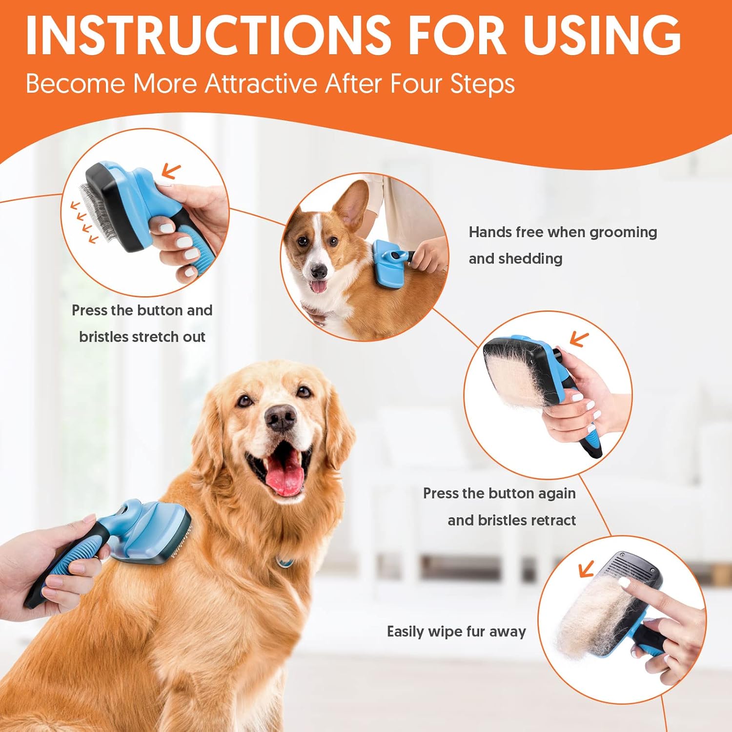 Usitek Dog/Cat Brush for Shedding and Grooming Self-cleaning Slicker Brush for Dogs/Cats Pet Hair Brush for Long/Short Haired Dogs and Cats (Blue) : Pet Supplies
