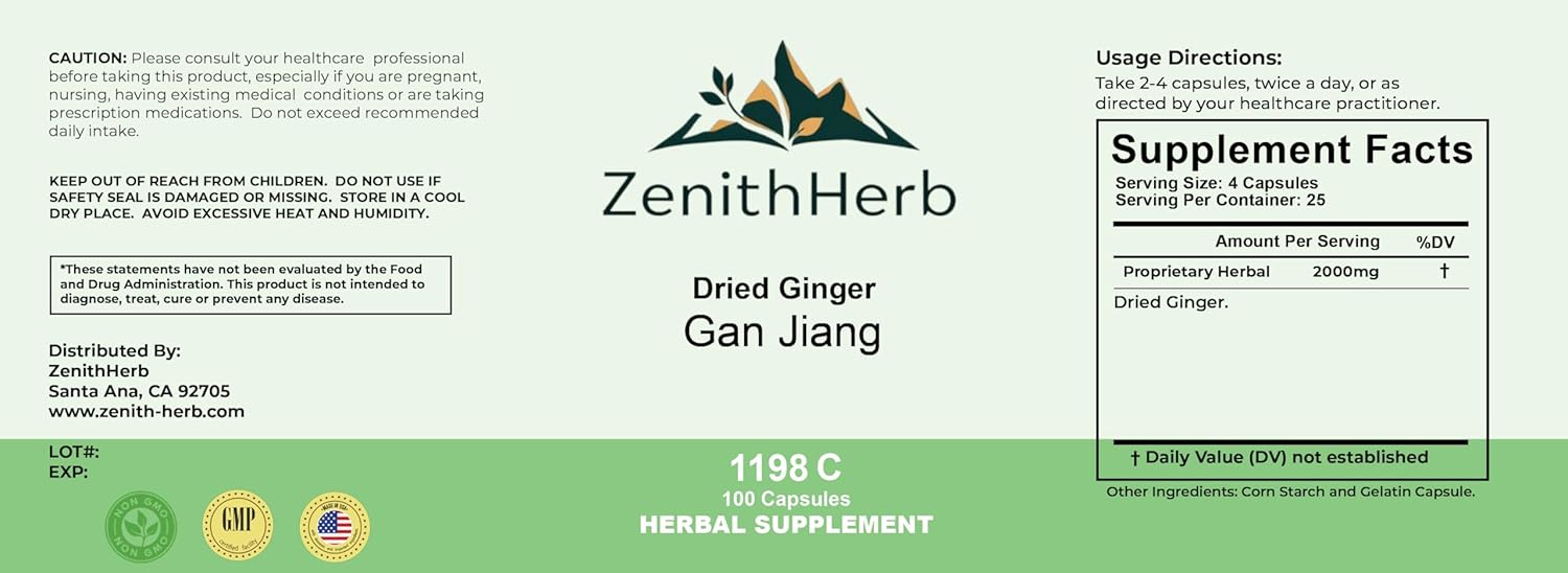 Dried Ginger, GanJiang, Herbal Supplement, 100 Capsules/Bottle, 2 Bottles